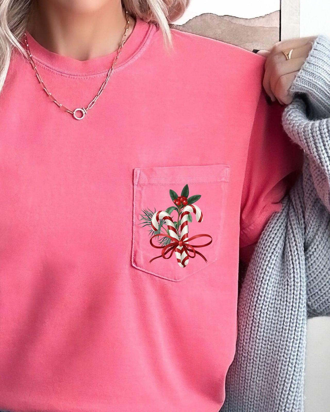 Christmas Flowers Pocket Candy Cane Ribbon Mistletoe Winter Snow Botanical Xmas Comfort Colors Tee