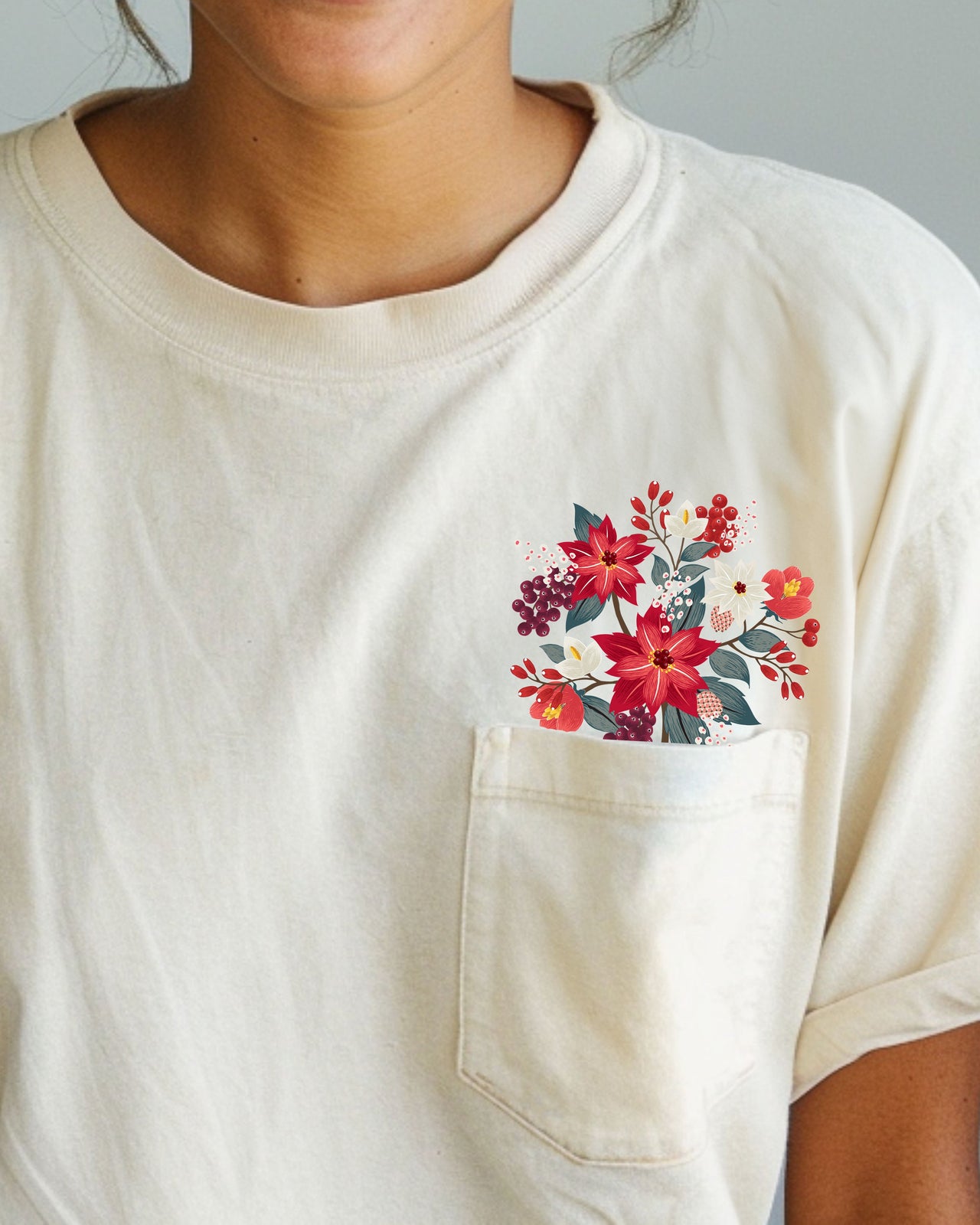 Christmas Flowers Pocket Floral Berries Poinsettia Winter Snow Botanical Xmas Comfort Colors Tee