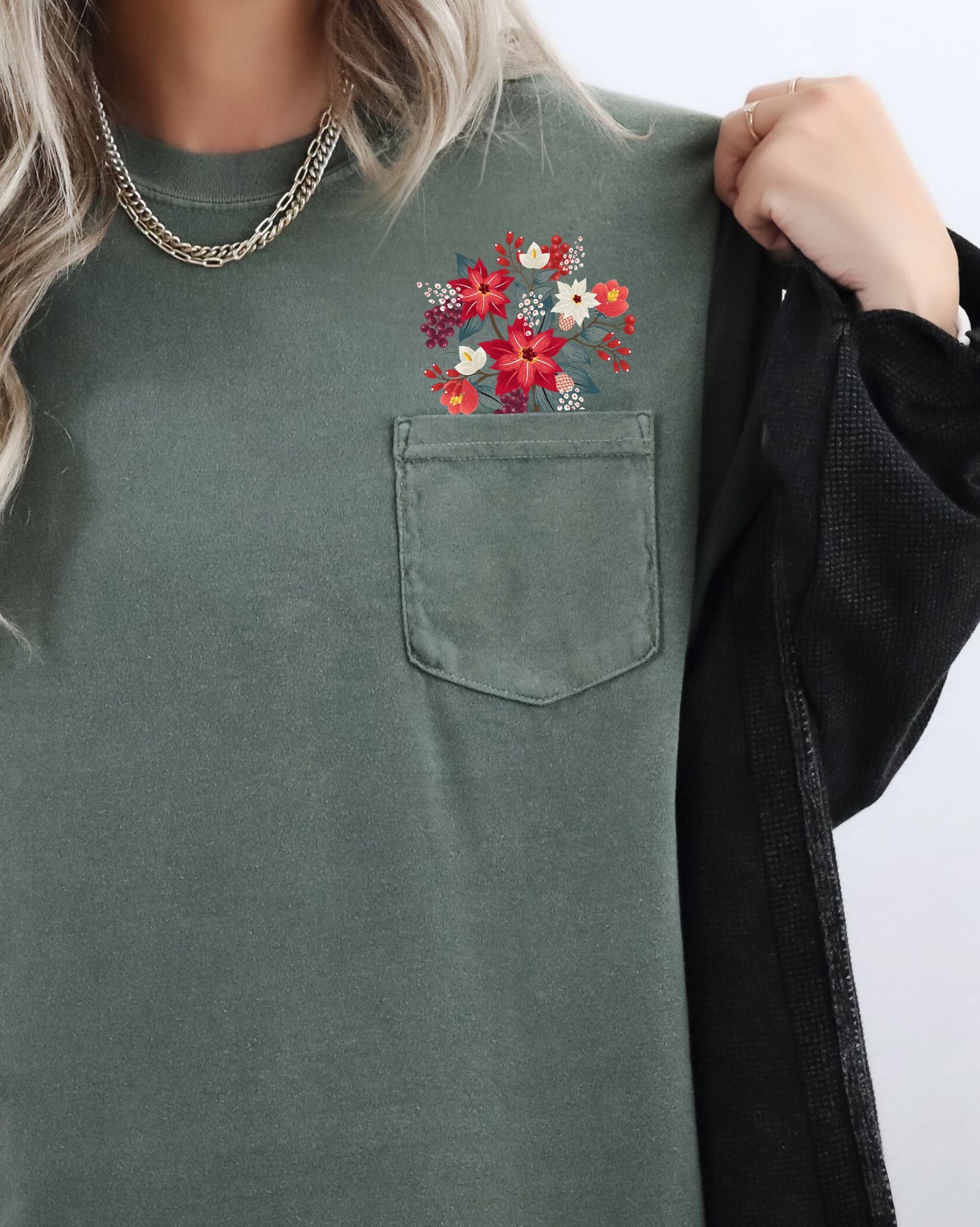 Christmas Flowers Pocket Floral Berries Poinsettia Winter Snow Botanical Xmas Comfort Colors Tee