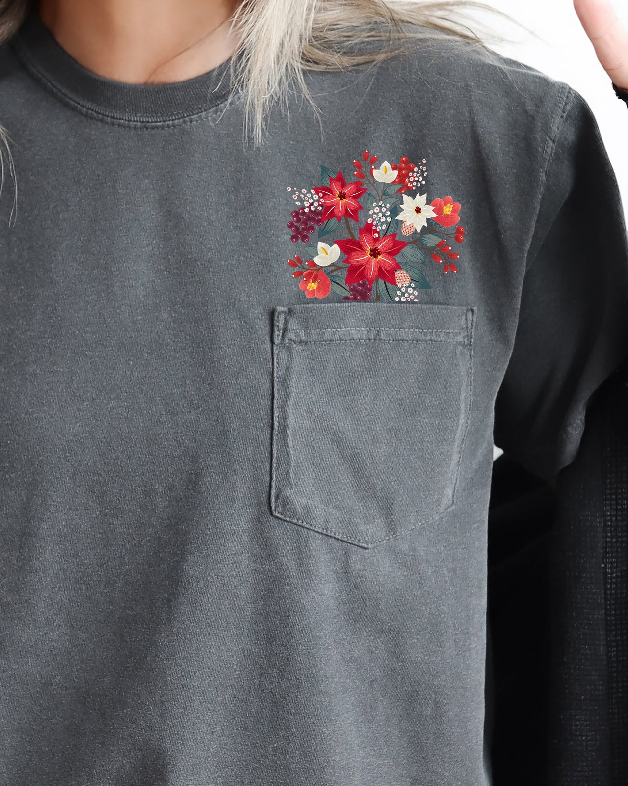 Christmas Flowers Pocket Floral Berries Poinsettia Winter Snow Botanical Xmas Comfort Colors Tee