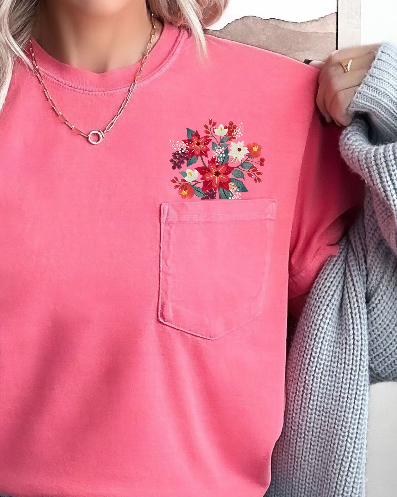 Christmas Flowers Pocket Floral Berries Poinsettia Winter Snow Botanical Xmas Comfort Colors Tee