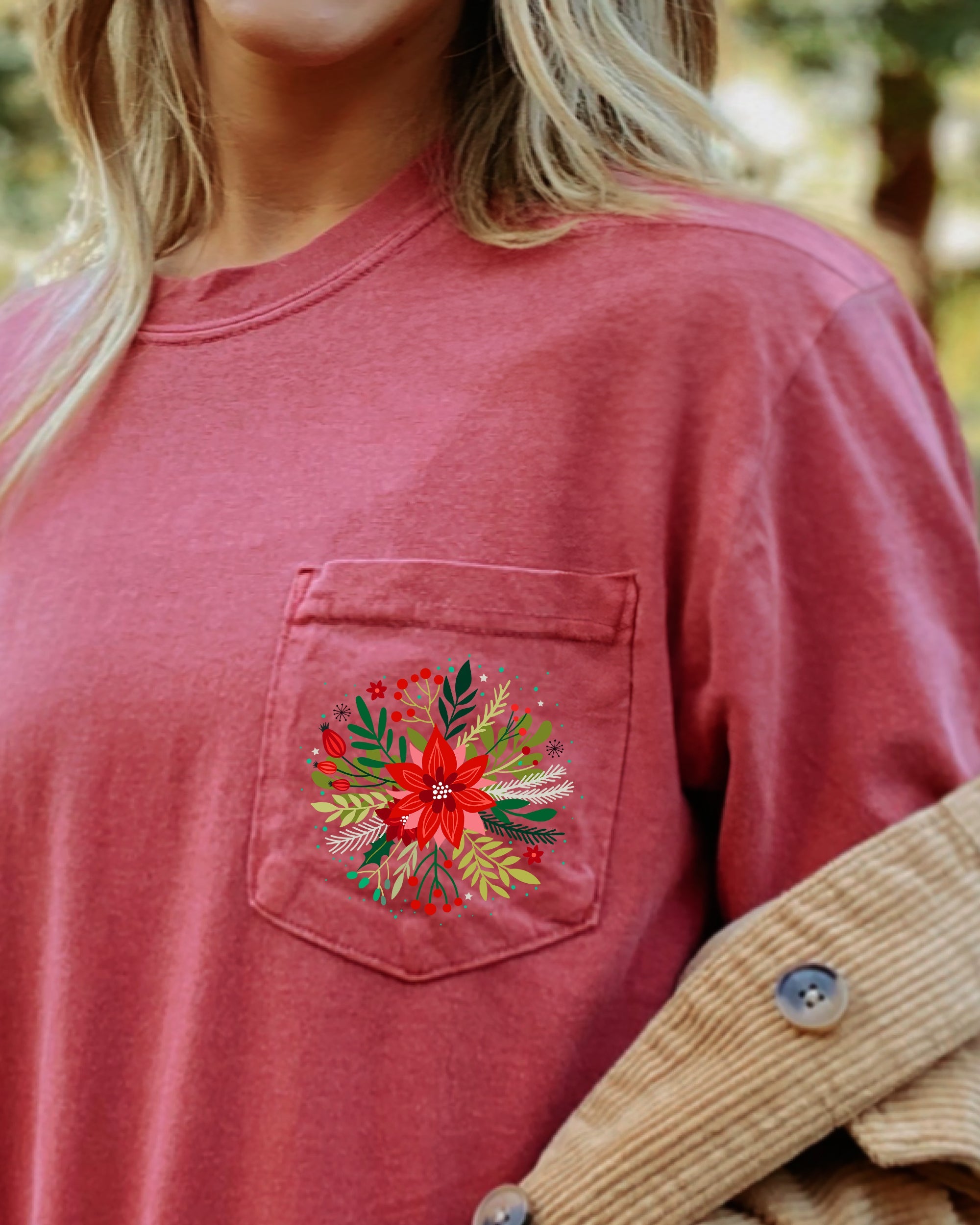 Christmas Flowers Pocket Floral Circle Poinsettia Winter Snow Botanical Xmas Comfort Colors Tee