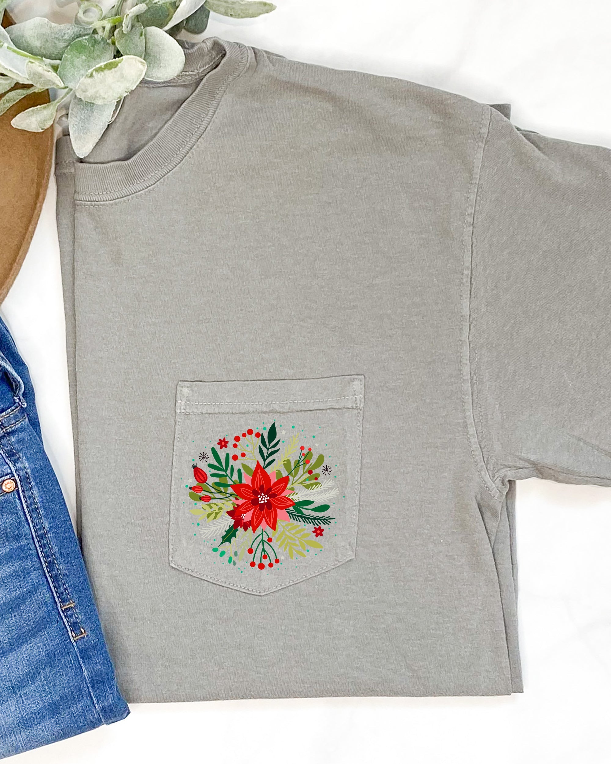 Christmas Flowers Pocket Floral Circle Poinsettia Winter Snow Botanical Xmas Comfort Colors Tee