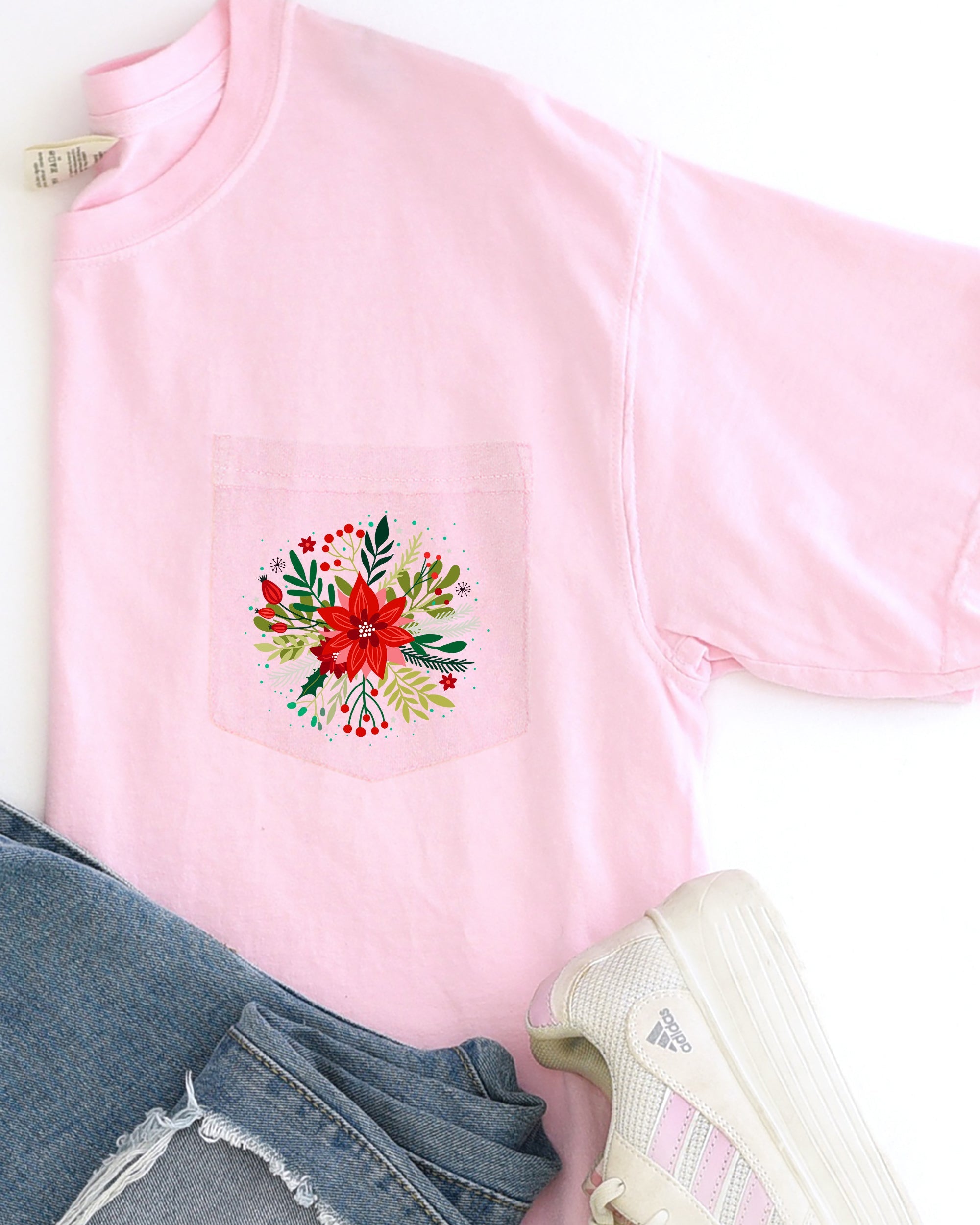 Christmas Flowers Pocket Floral Circle Poinsettia Winter Snow Botanical Xmas Comfort Colors Tee