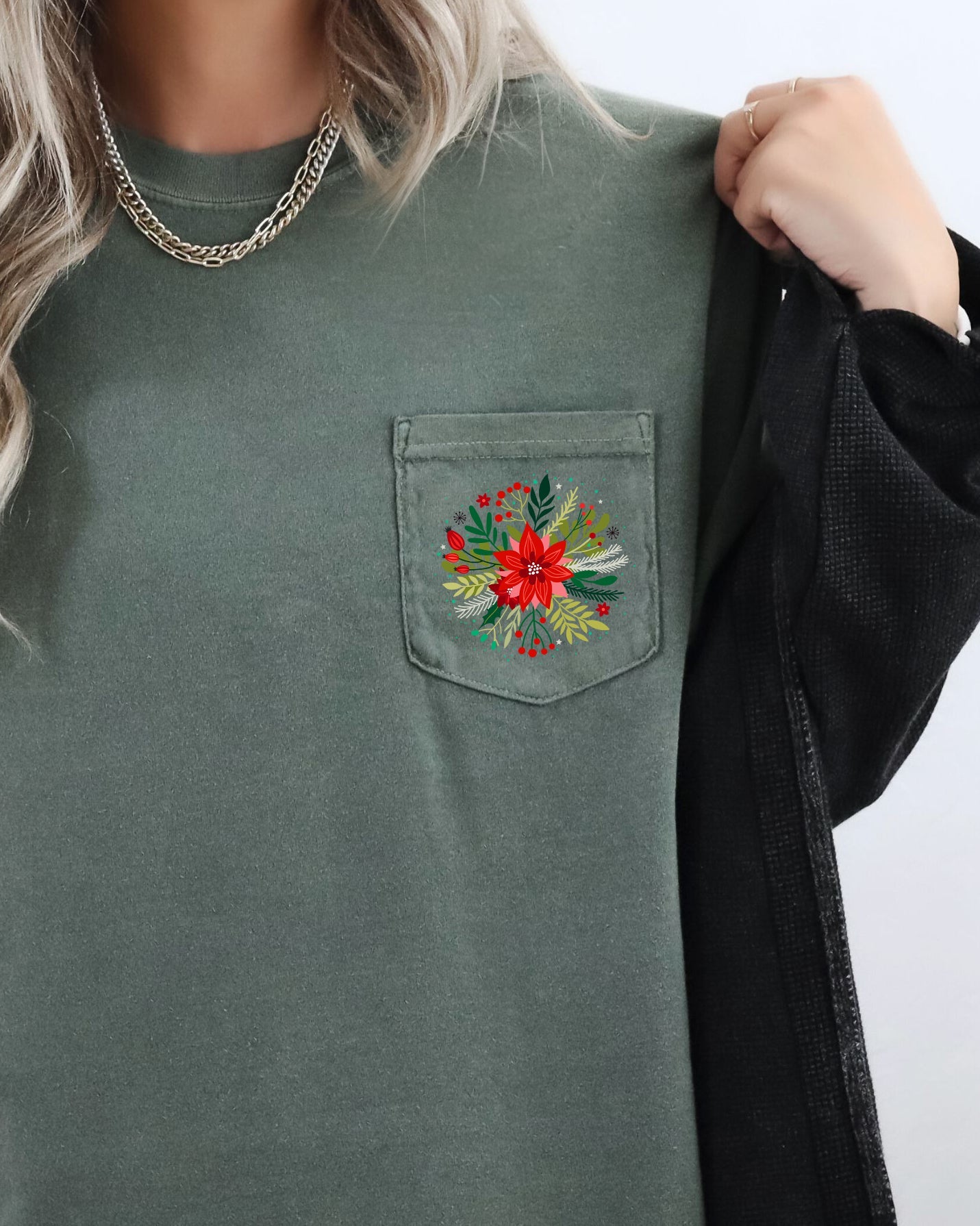 Christmas Flowers Pocket Floral Circle Poinsettia Winter Snow Botanical Xmas Comfort Colors Tee