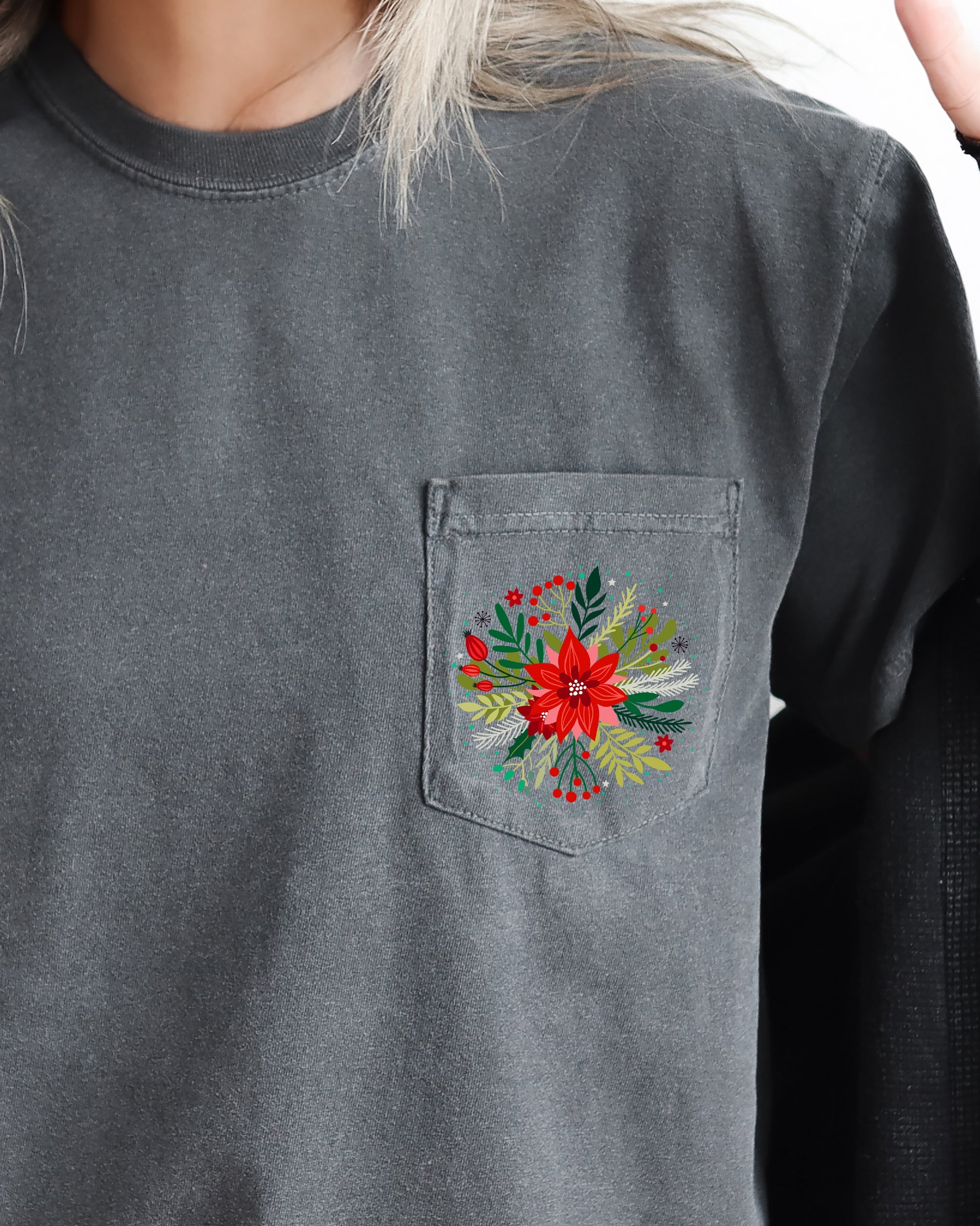 Christmas Flowers Pocket Floral Circle Poinsettia Winter Snow Botanical Xmas Comfort Colors Tee
