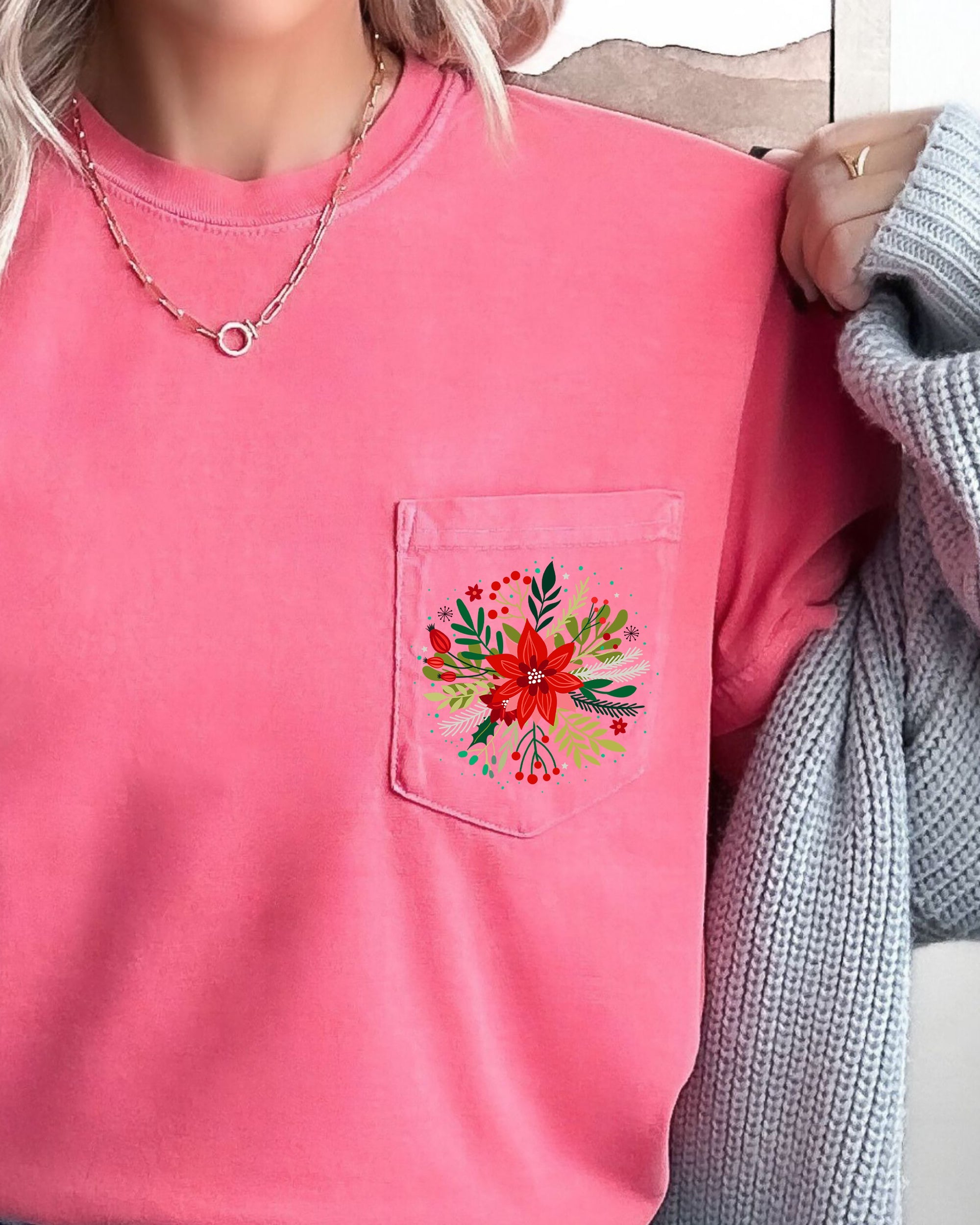Christmas Flowers Pocket Floral Circle Poinsettia Winter Snow Botanical Xmas Comfort Colors Tee