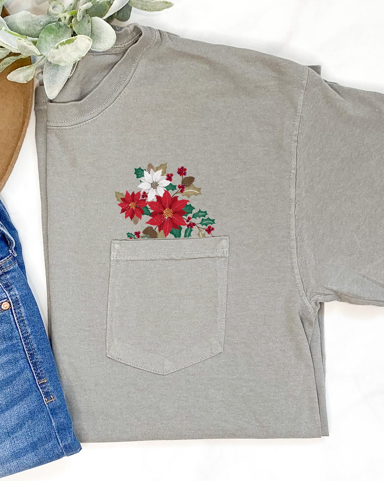 Christmas Flowers Holly Poinsettia Winter Snow Botanical Xmas Pocket Comfort Colors Tee