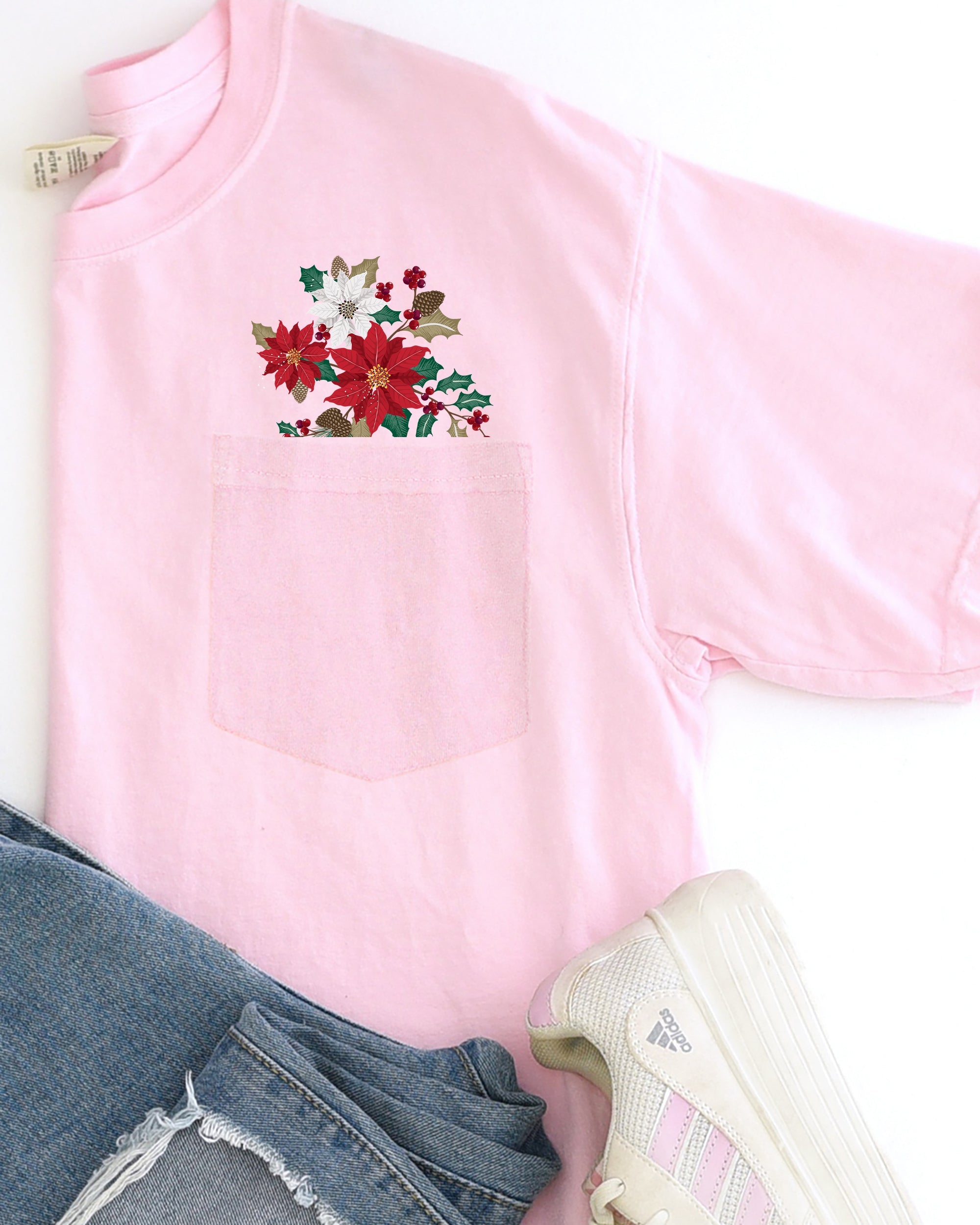 Christmas Flowers Holly Poinsettia Winter Snow Botanical Xmas Pocket Comfort Colors Tee