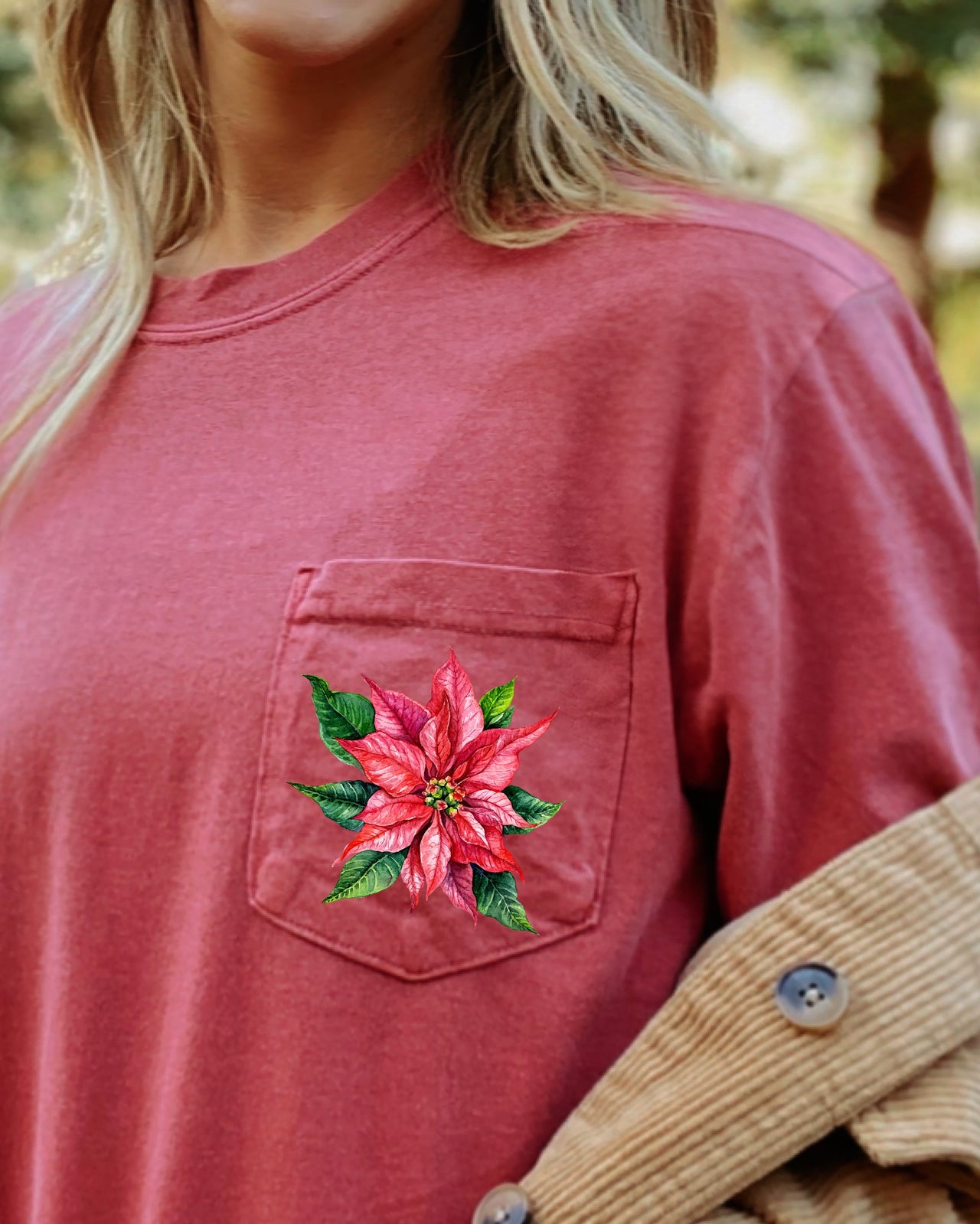 Christmas Flowers Pocket Poinsettia Winter Snow Botanical Xmas Festive Floral Art Print Graphic Tee