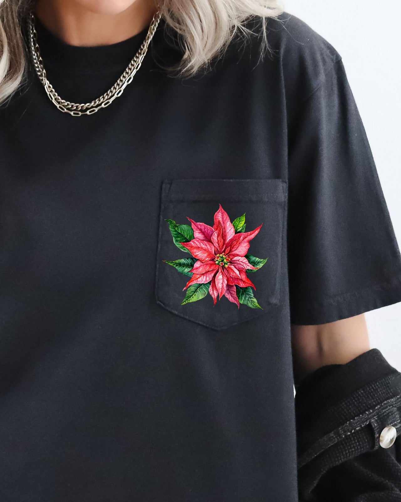 Christmas Flowers Pocket Poinsettia Winter Snow Botanical Xmas Festive Floral Art Print Graphic Tee