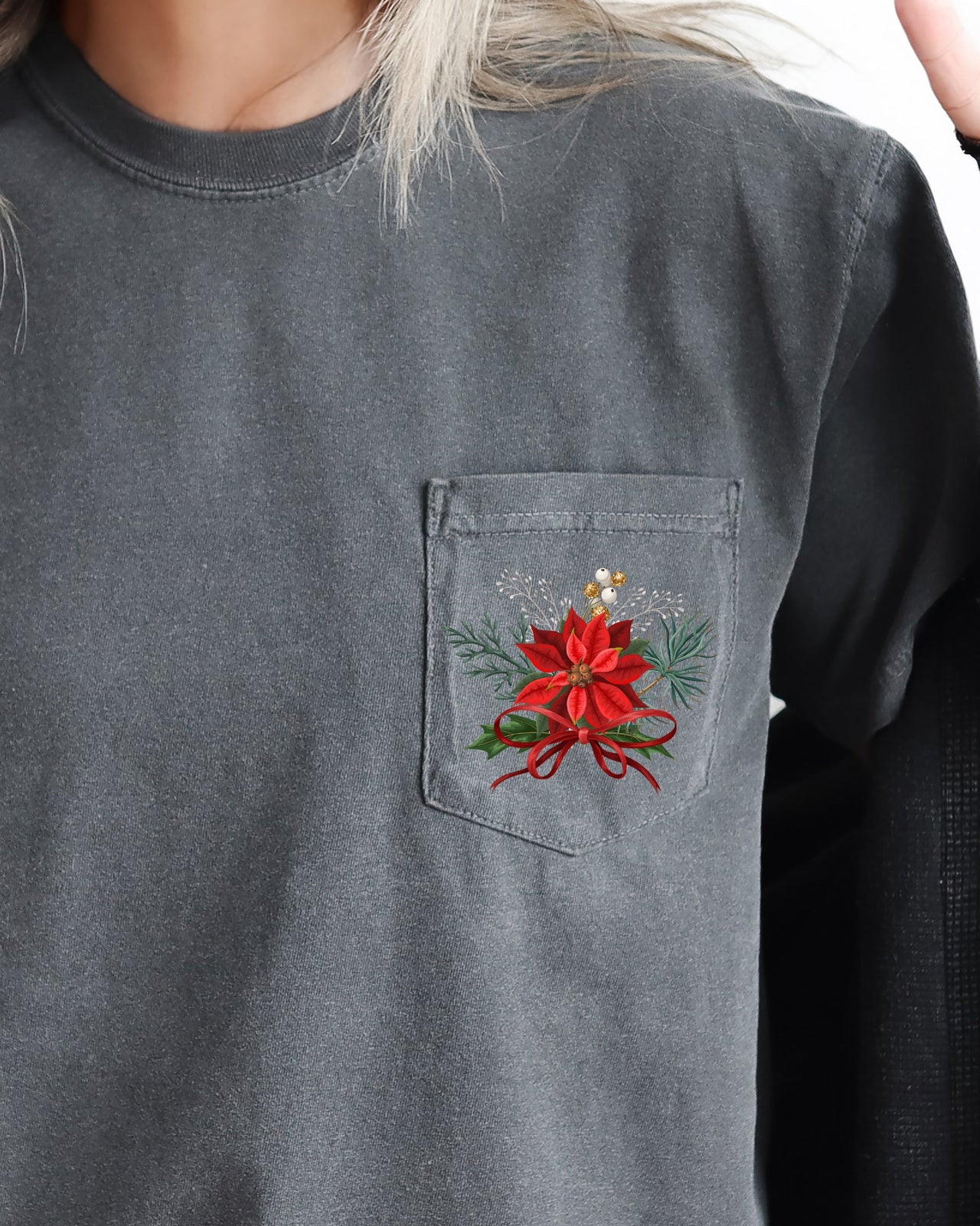 Christmas Flowers Pocket Ribbon Floral Poinsettia Winter Snow Botanical Xmas Comfort Colors Tee