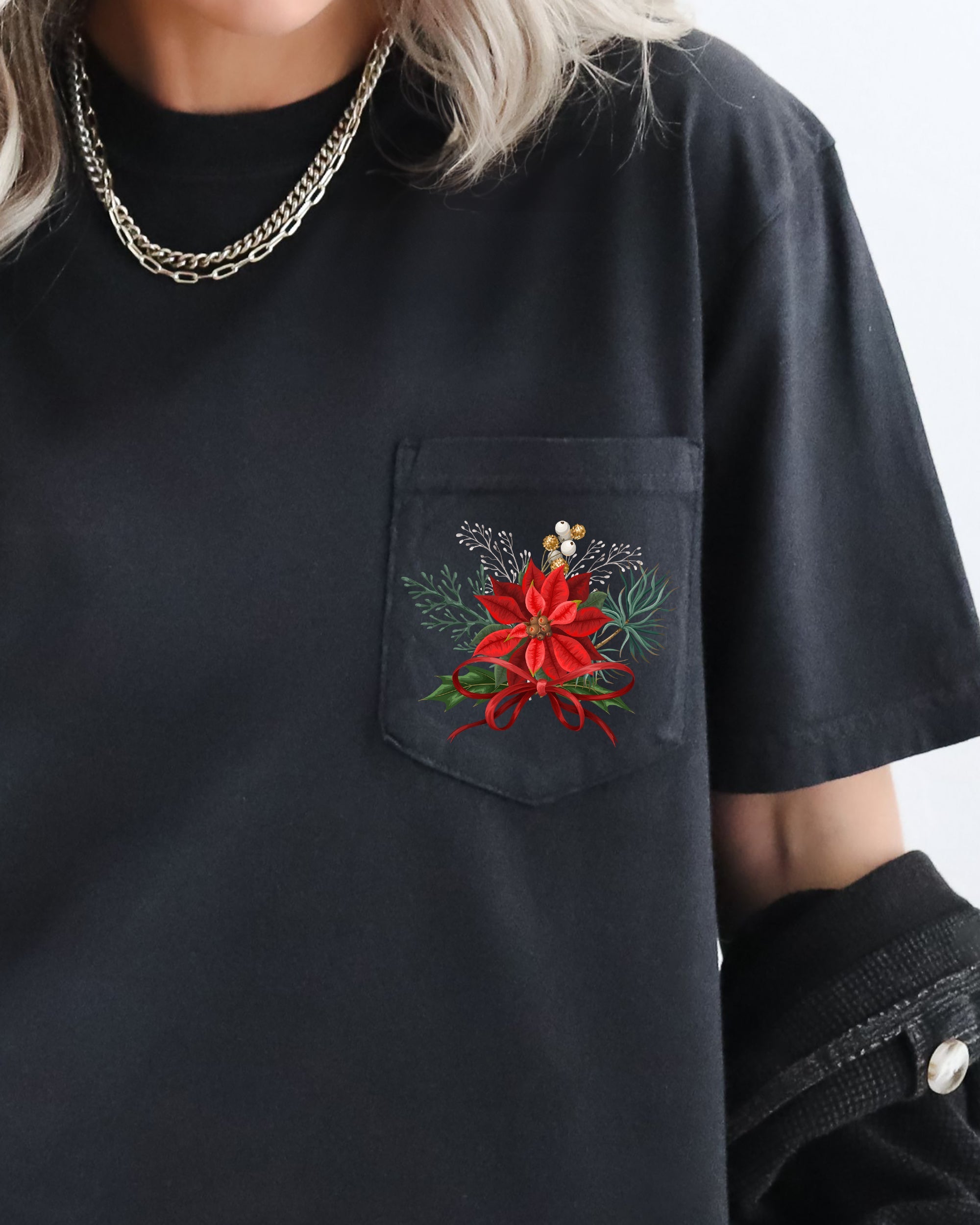 Christmas Flowers Pocket Ribbon Floral Poinsettia Winter Snow Botanical Xmas Comfort Colors Tee