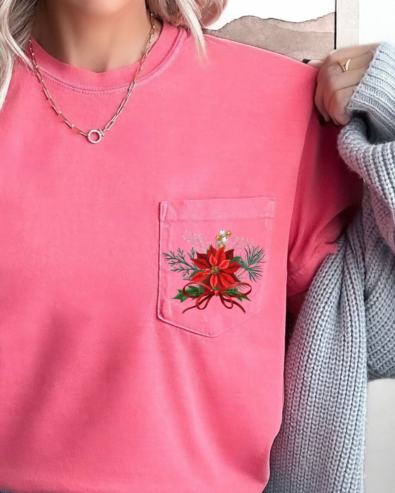 Christmas Flowers Pocket Ribbon Floral Poinsettia Winter Snow Botanical Xmas Comfort Colors Tee