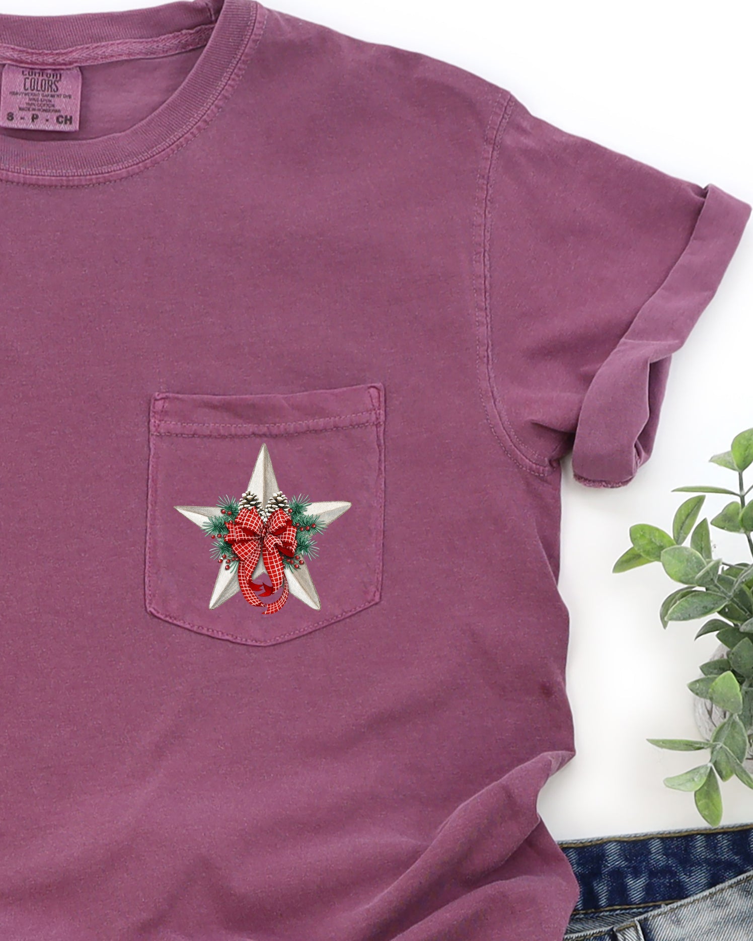 Christmas Flowers Pocket Star Pine Cones Ribbon Floral Poinsettia Winter Snow Botanical Xmas Comfort Colors Tee