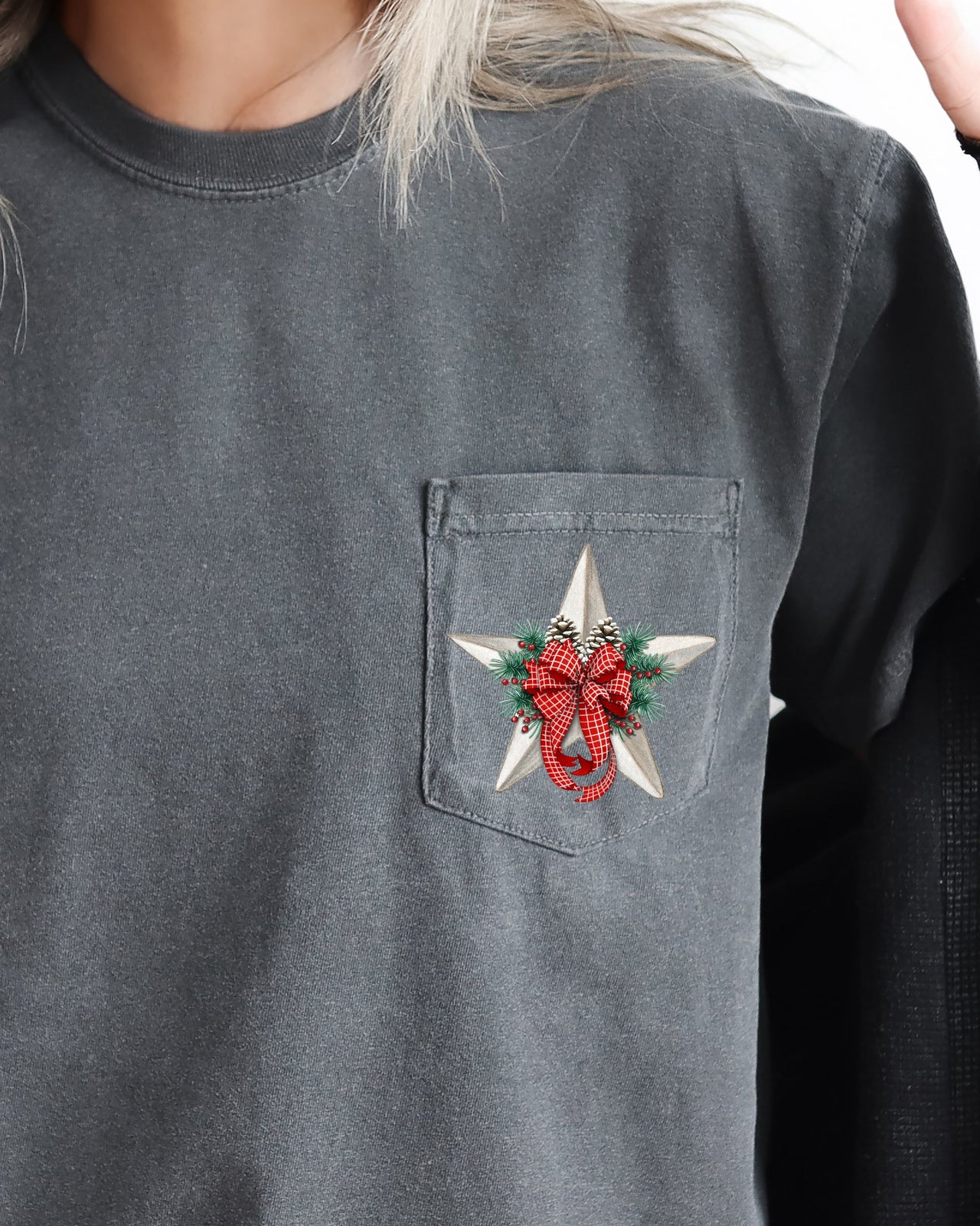 Christmas Flowers Pocket Star Pine Cones Ribbon Floral Poinsettia Winter Snow Botanical Xmas Comfort Colors Tee