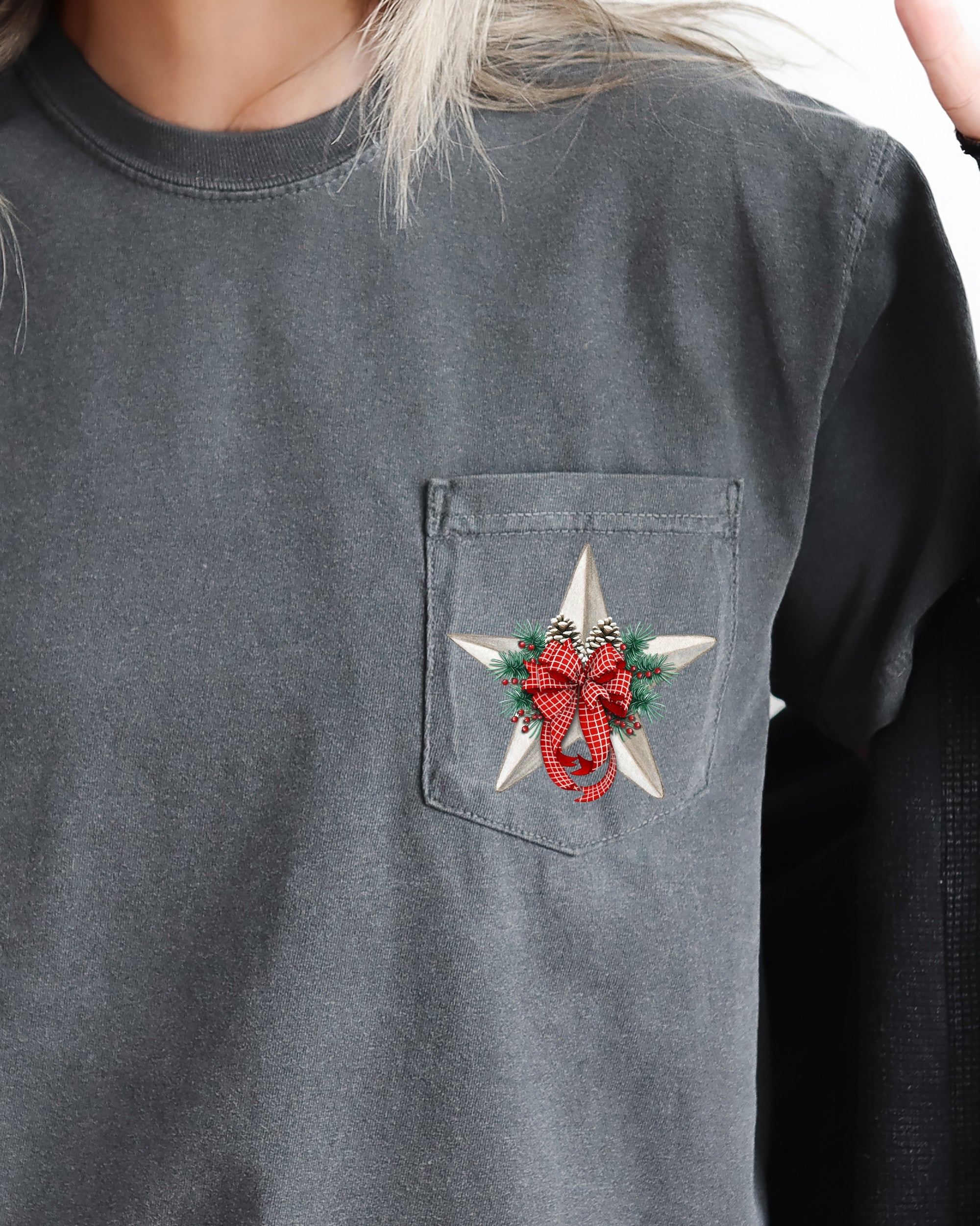 Christmas Flowers Pocket Star Pine Cones Ribbon Floral Poinsettia Winter Snow Botanical Xmas Comfort Colors Tee
