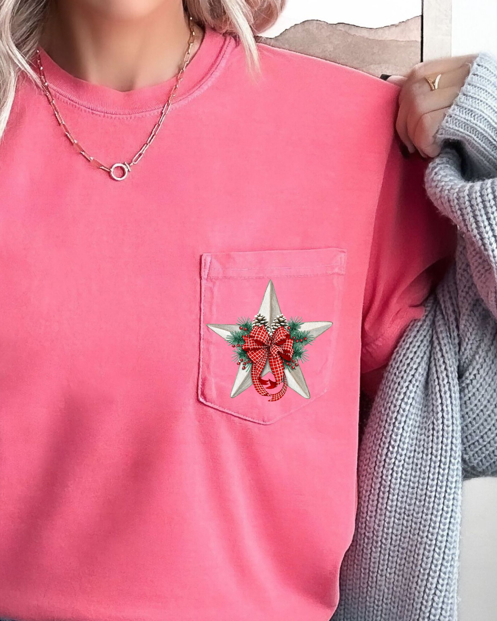 Christmas Flowers Pocket Star Pine Cones Ribbon Floral Poinsettia Winter Snow Botanical Xmas Comfort Colors Tee