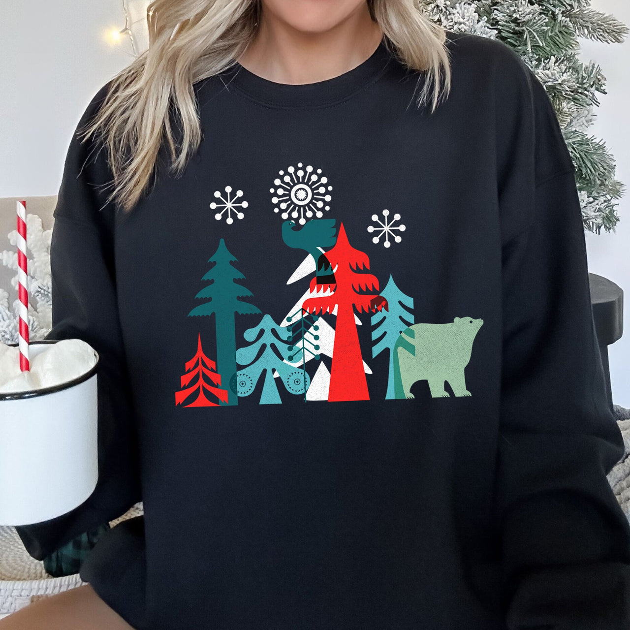 Festive Christmas Folk Art Polar Bear Theme With Whimsical North Pole Charm Sweatshirt