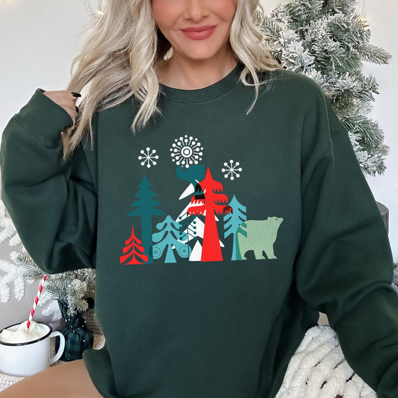 Festive Christmas Folk Art Polar Bear Theme With Whimsical North Pole Charm Sweatshirt