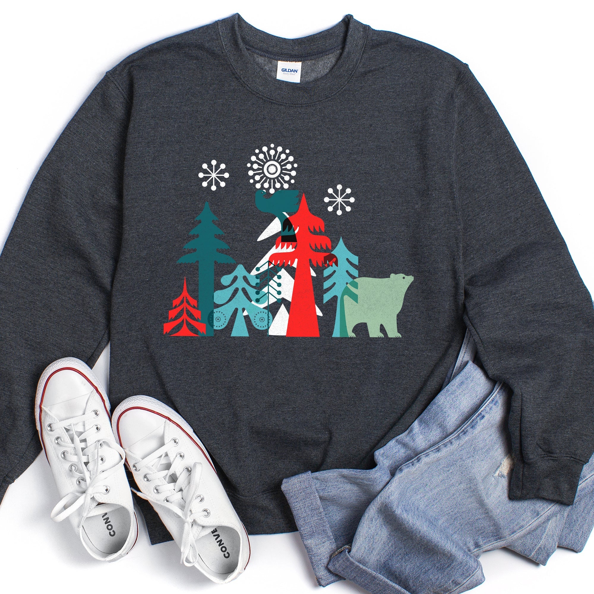 Festive Christmas Folk Art Polar Bear Theme With Whimsical North Pole Charm Sweatshirt
