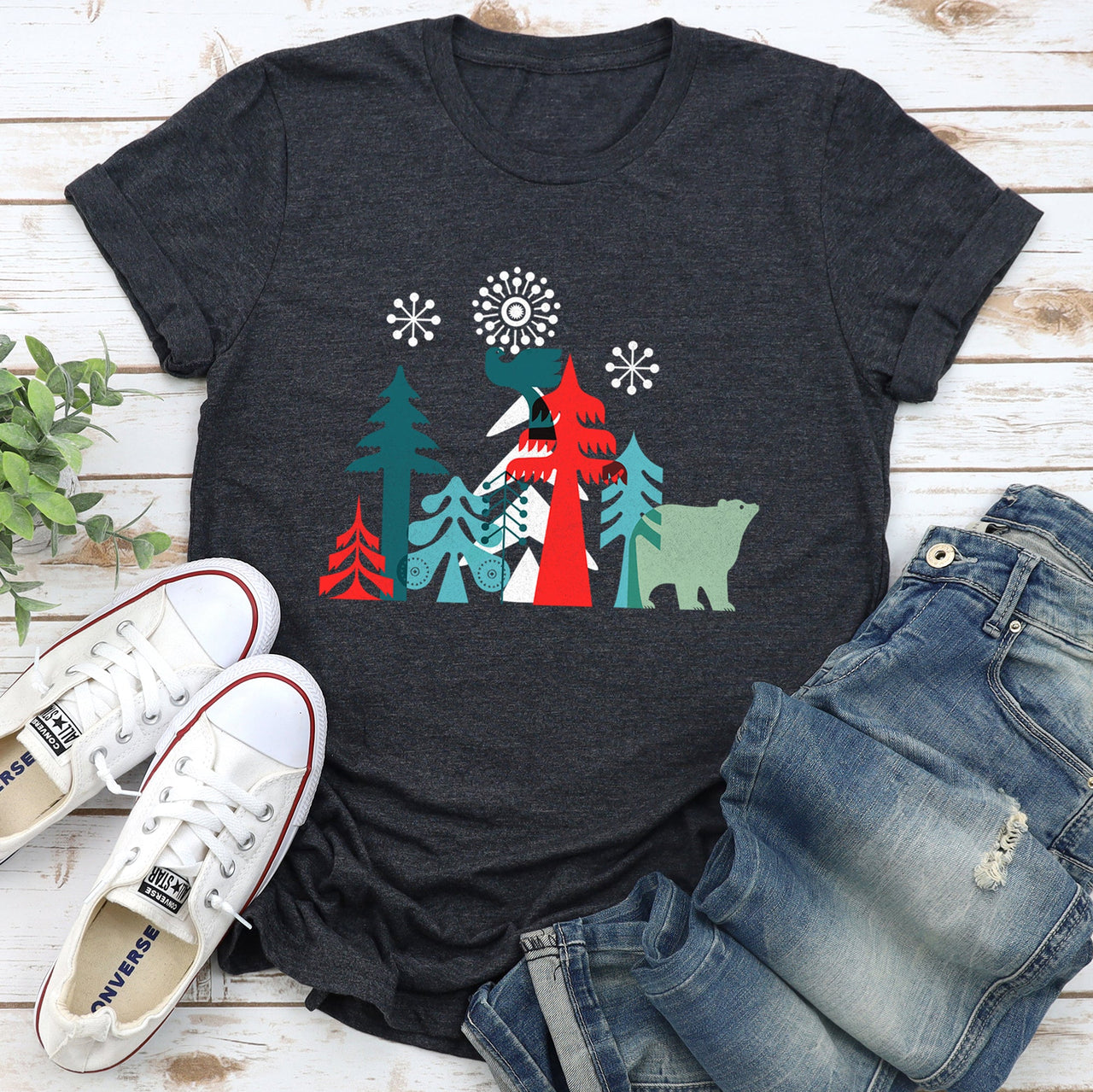 Christmas Folk Art Polar Bear Snowflakes Nordic Winter Scene Featuring Nordic Motifs And Cozy Holiday Charm Graphic Tee