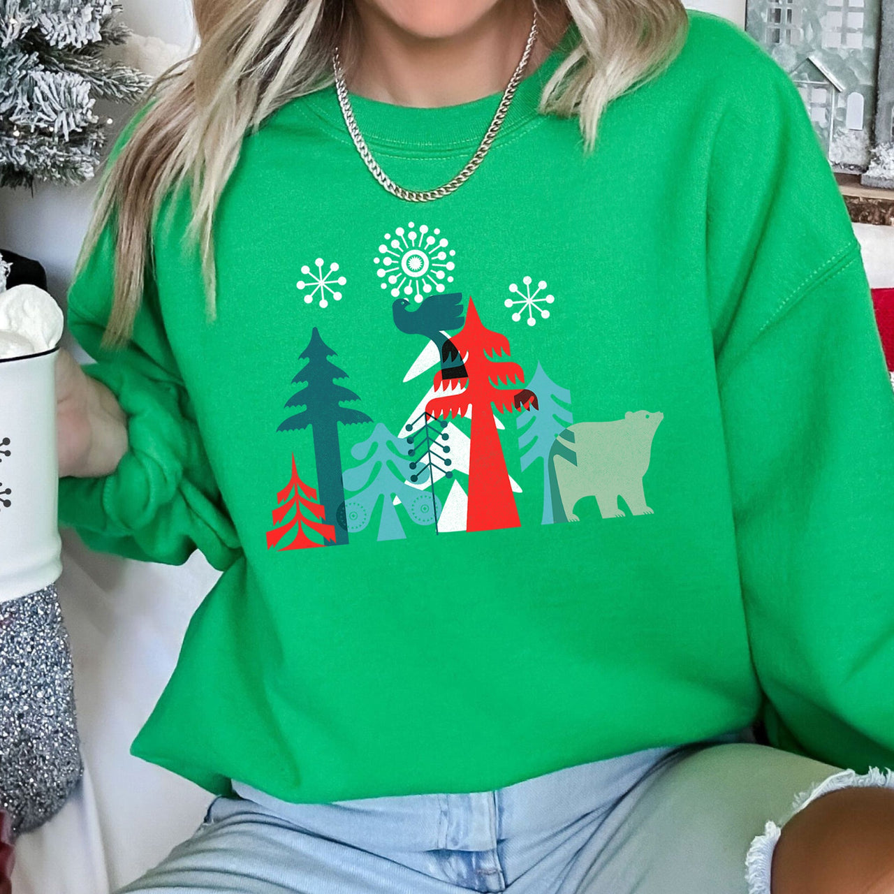 Festive Christmas Folk Art Polar Bear Theme With Whimsical North Pole Charm Sweatshirt