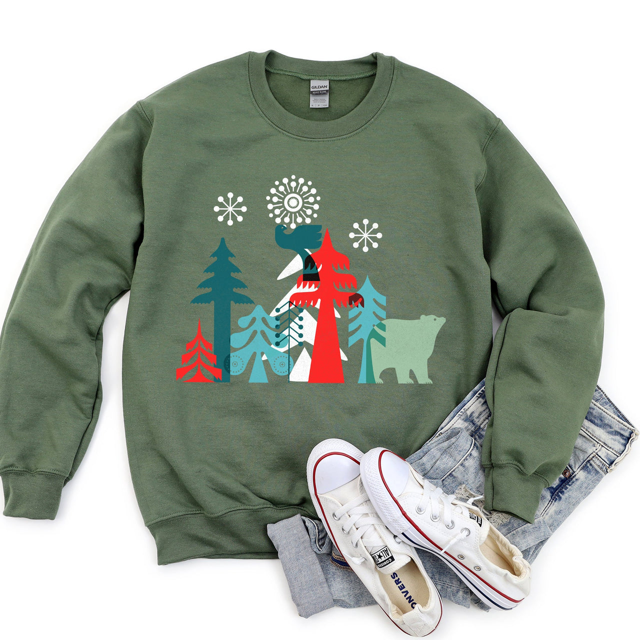 Festive Christmas Folk Art Polar Bear Theme With Whimsical North Pole Charm Sweatshirt