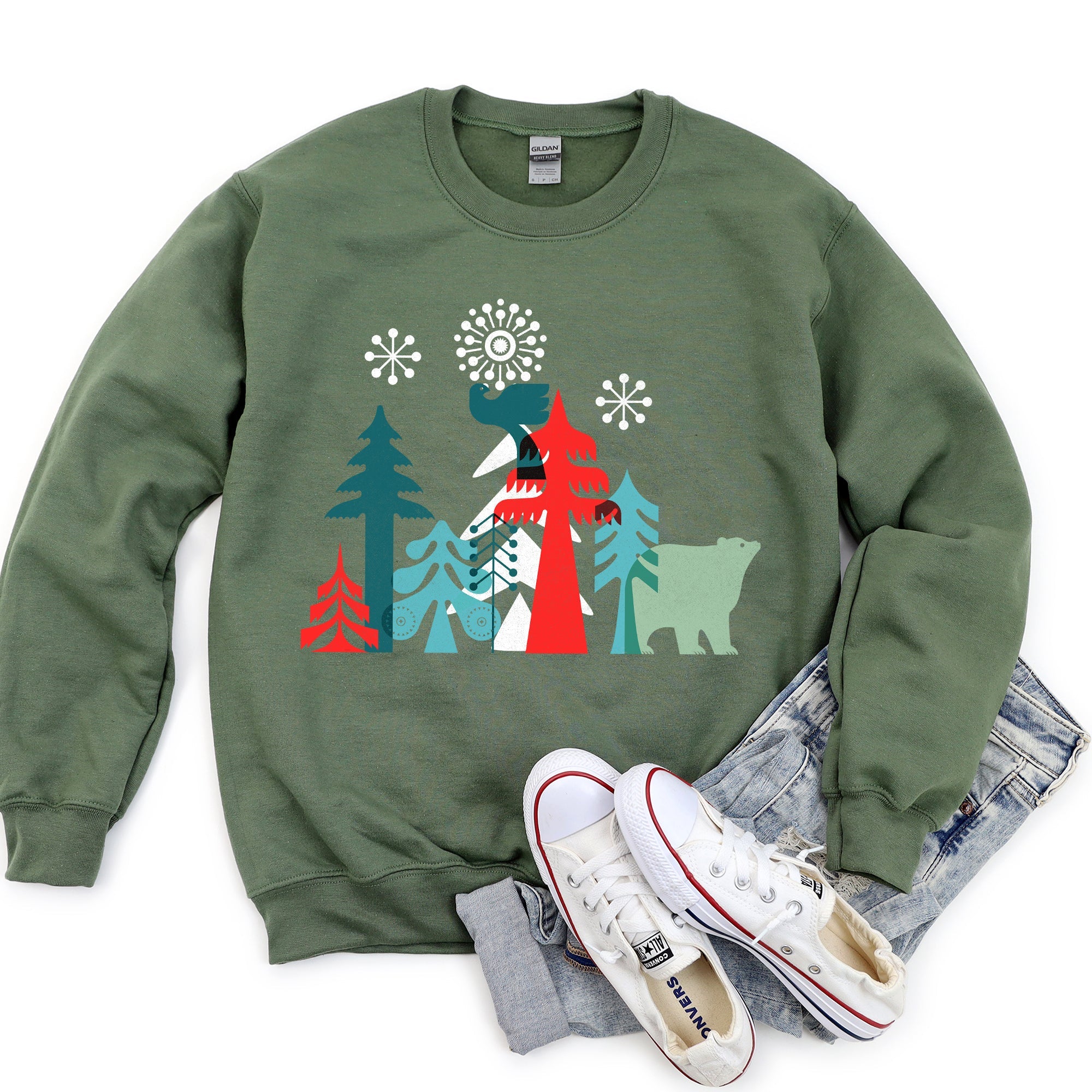 Festive Christmas Folk Art Polar Bear Theme With Whimsical North Pole Charm Sweatshirt