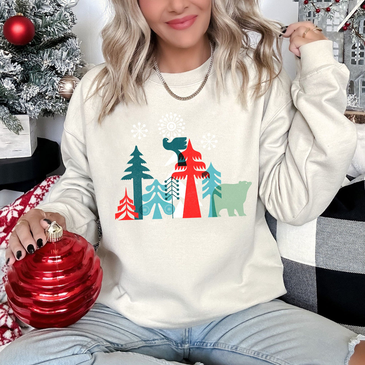 Festive Christmas Folk Art Polar Bear Theme With Whimsical North Pole Charm Sweatshirt