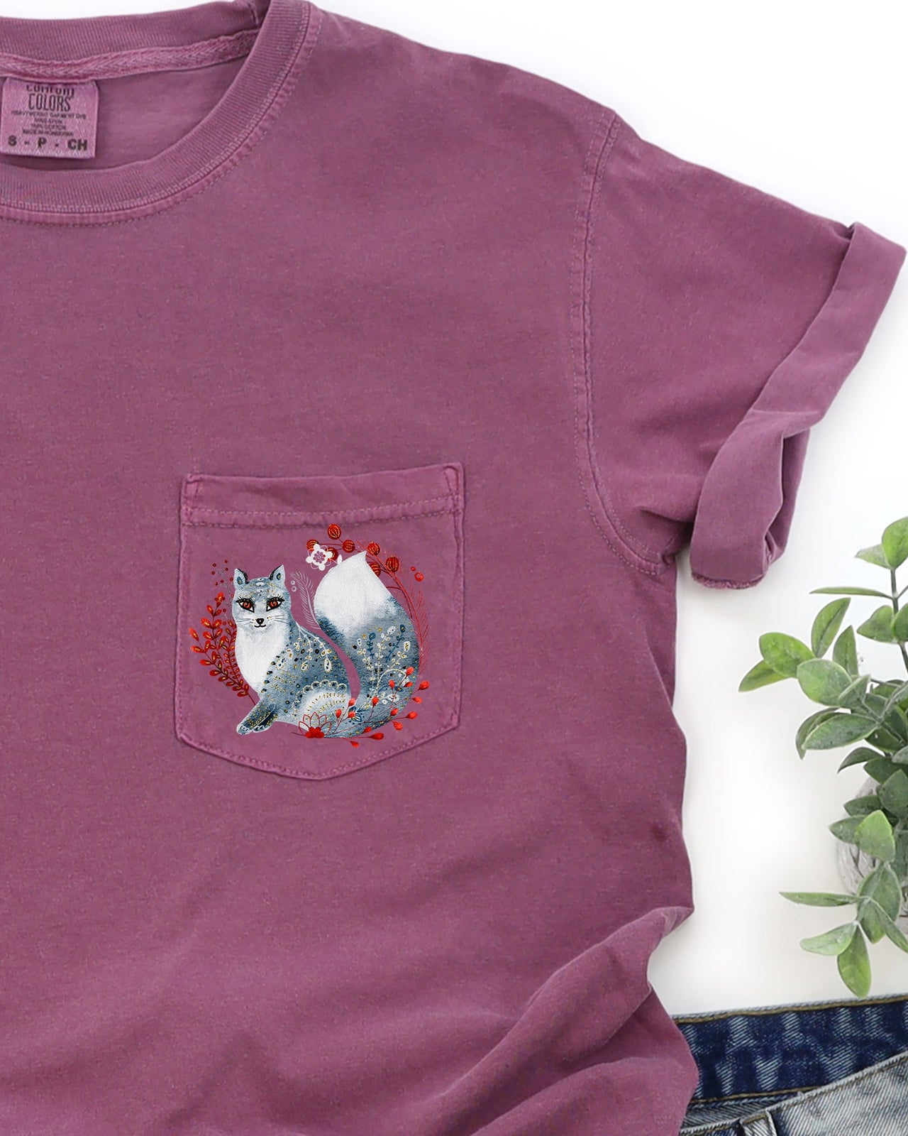 Christmas Fox Folk Art Santa Pocket Floral Winter Snow Xmas Flowers Comfort Colors Tee