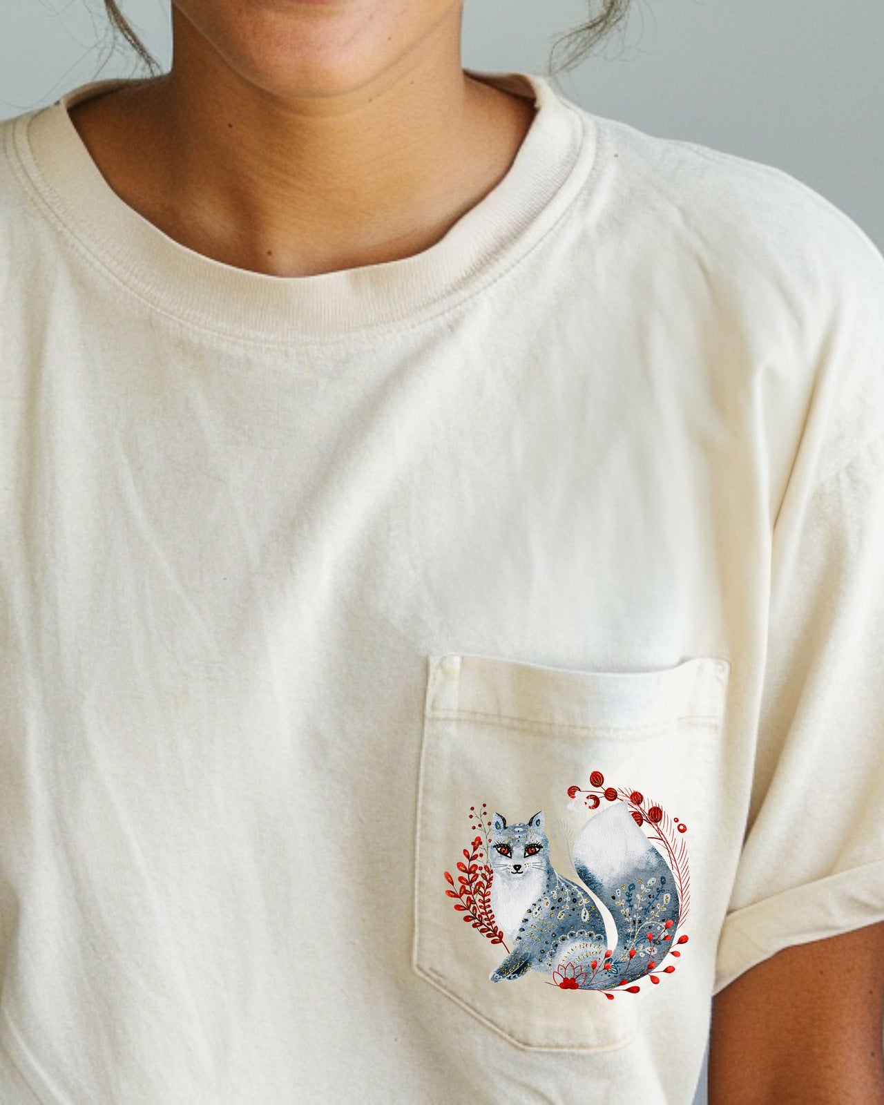Christmas Fox Folk Art Santa Pocket Floral Winter Snow Xmas Flowers Comfort Colors Tee