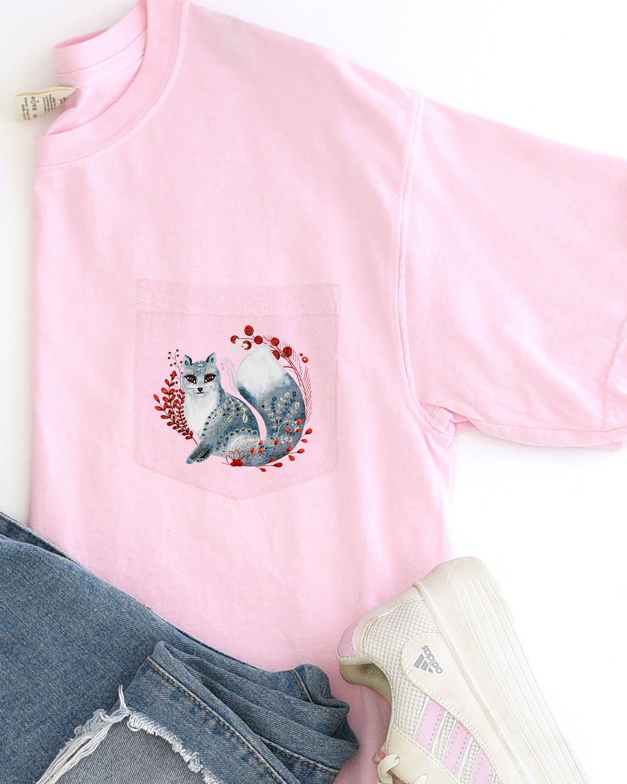 Christmas Fox Folk Art Santa Pocket Floral Winter Snow Xmas Flowers Comfort Colors Tee