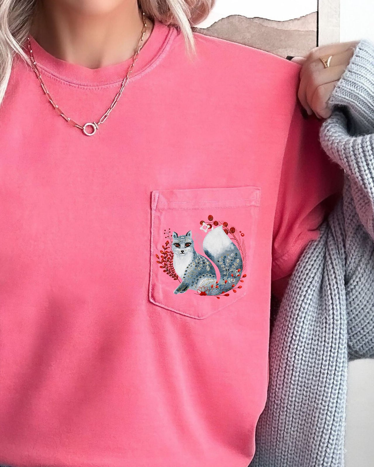 Christmas Fox Folk Art Santa Pocket Floral Winter Snow Xmas Flowers Comfort Colors Tee
