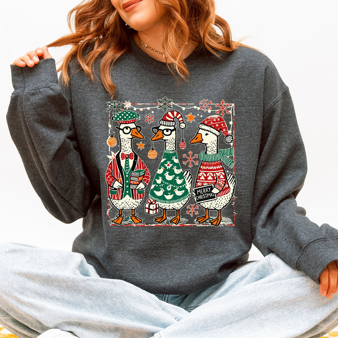 Christmas Geese Festive Holiday Illustration Vintage Retro Cozy Winter Scene Sweatshirt