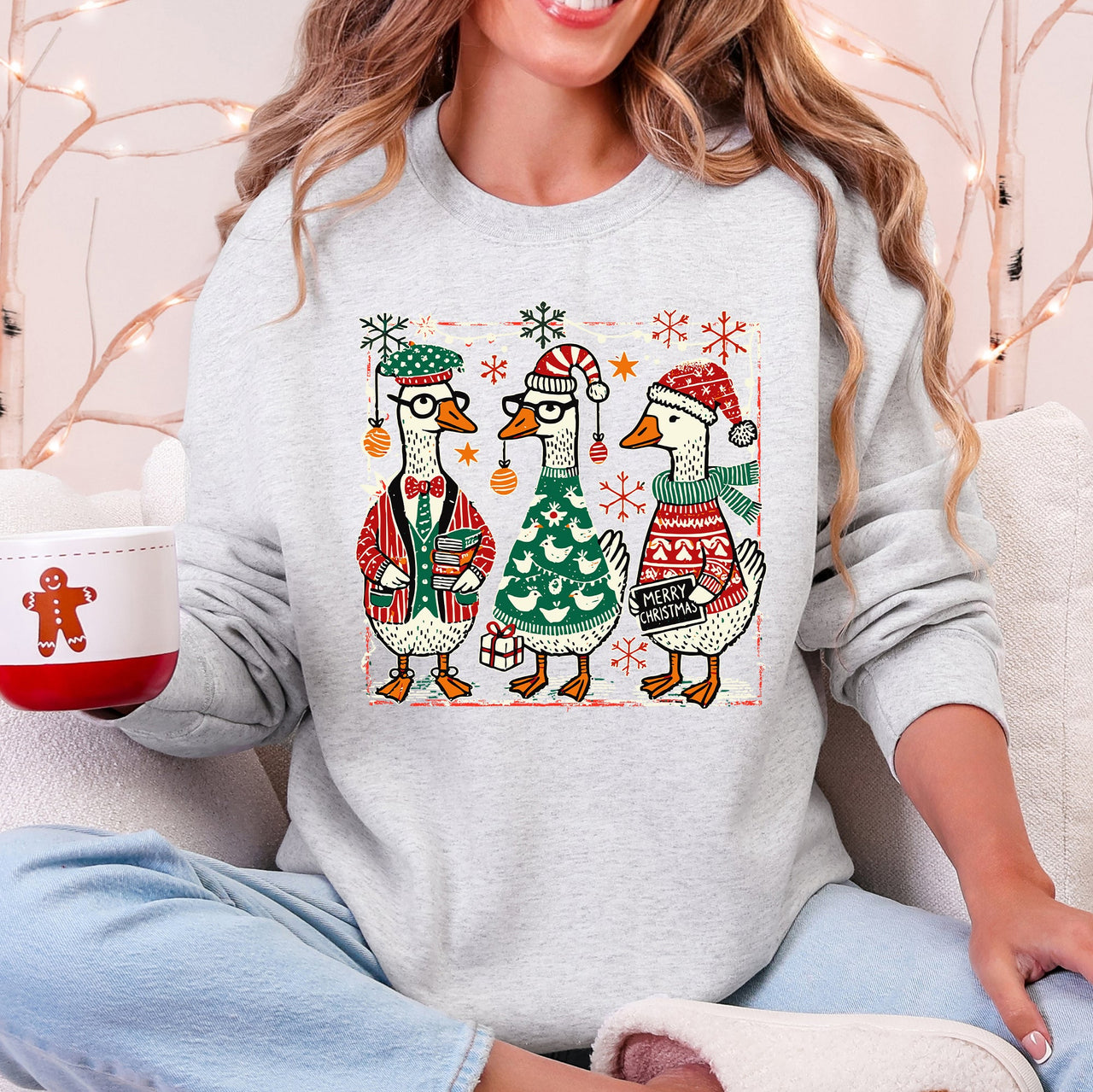 Christmas Geese Festive Holiday Illustration Vintage Retro Cozy Winter Scene Sweatshirt