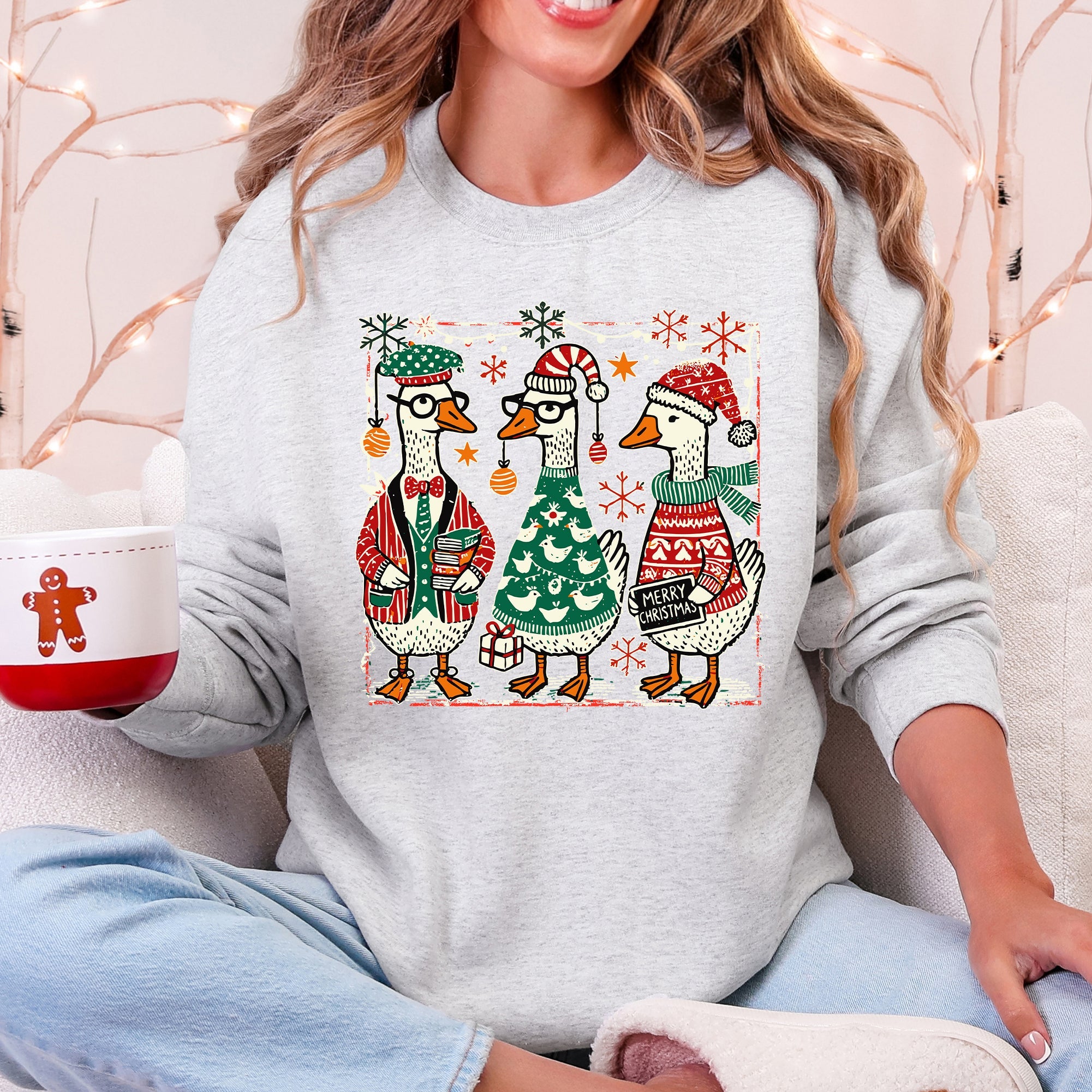 Christmas Geese Festive Holiday Illustration Vintage Retro Cozy Winter Scene Sweatshirt