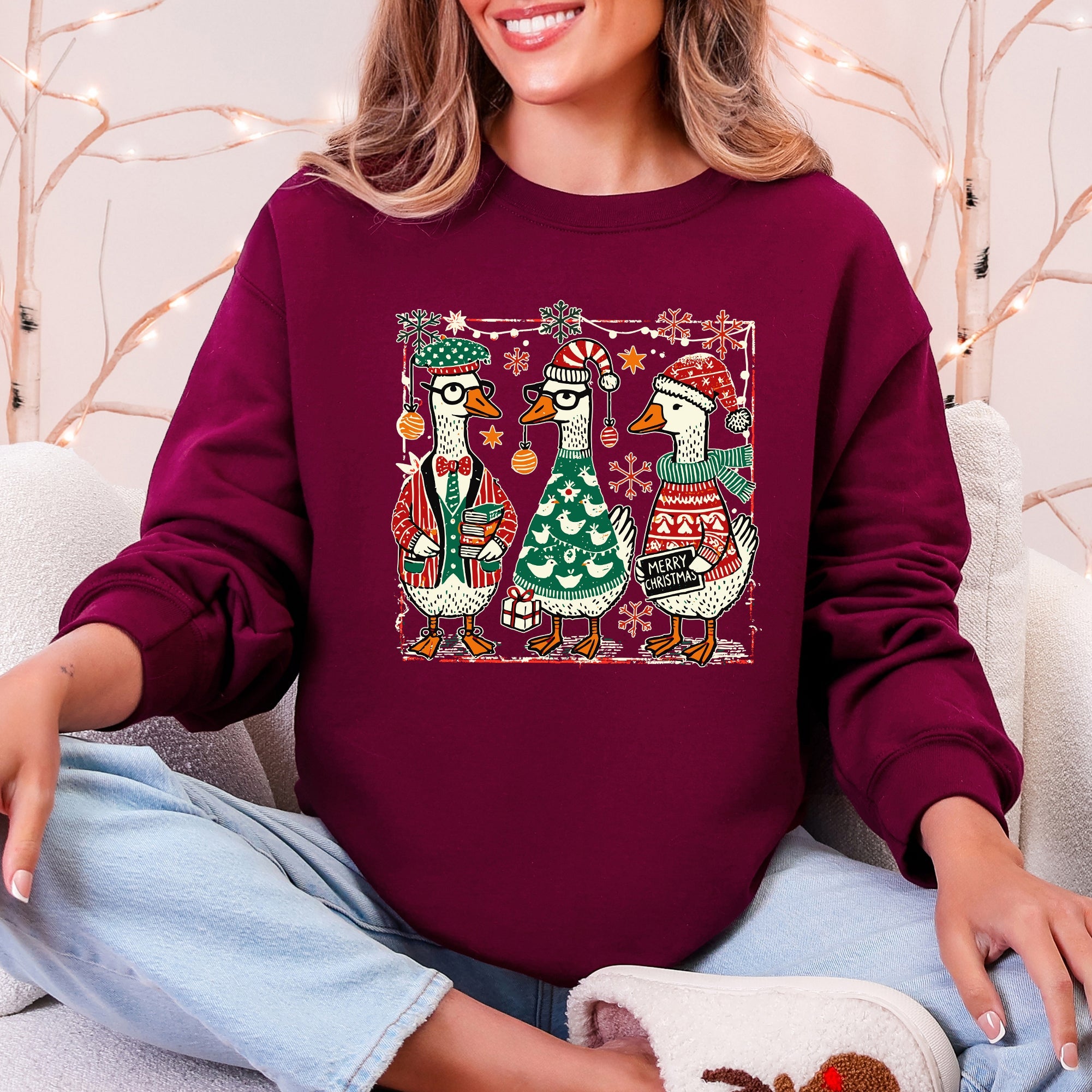 Christmas Geese Festive Holiday Illustration Vintage Retro Cozy Winter Scene Sweatshirt
