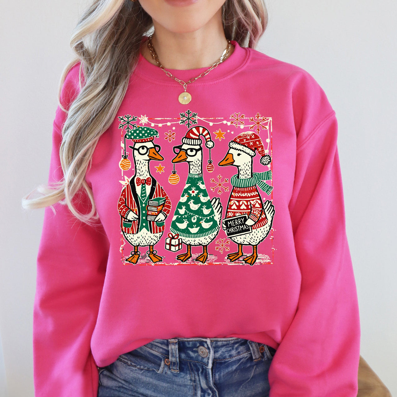 Christmas Geese Festive Holiday Illustration Vintage Retro Cozy Winter Scene Sweatshirt
