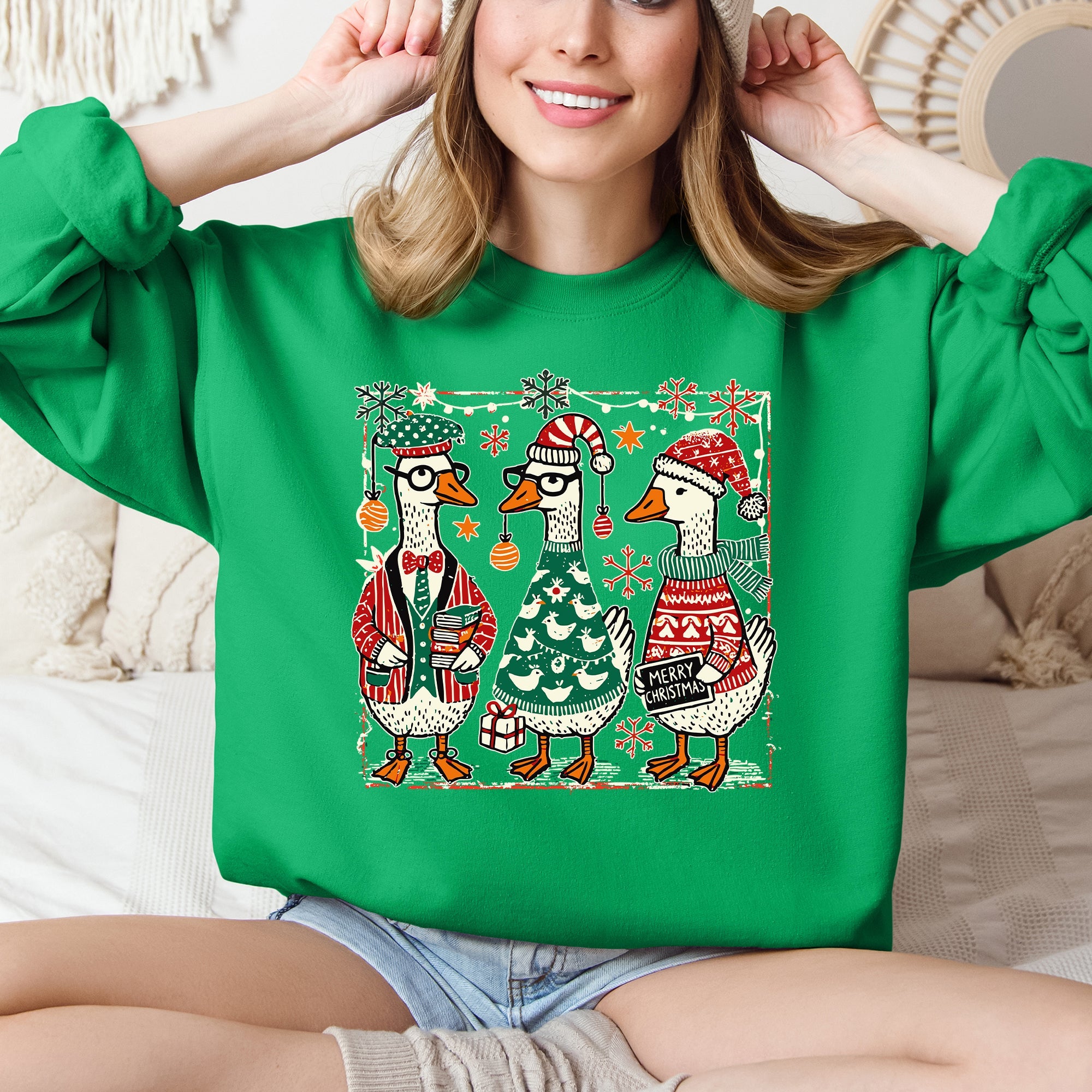 Christmas Geese Festive Holiday Illustration Vintage Retro Cozy Winter Scene Sweatshirt