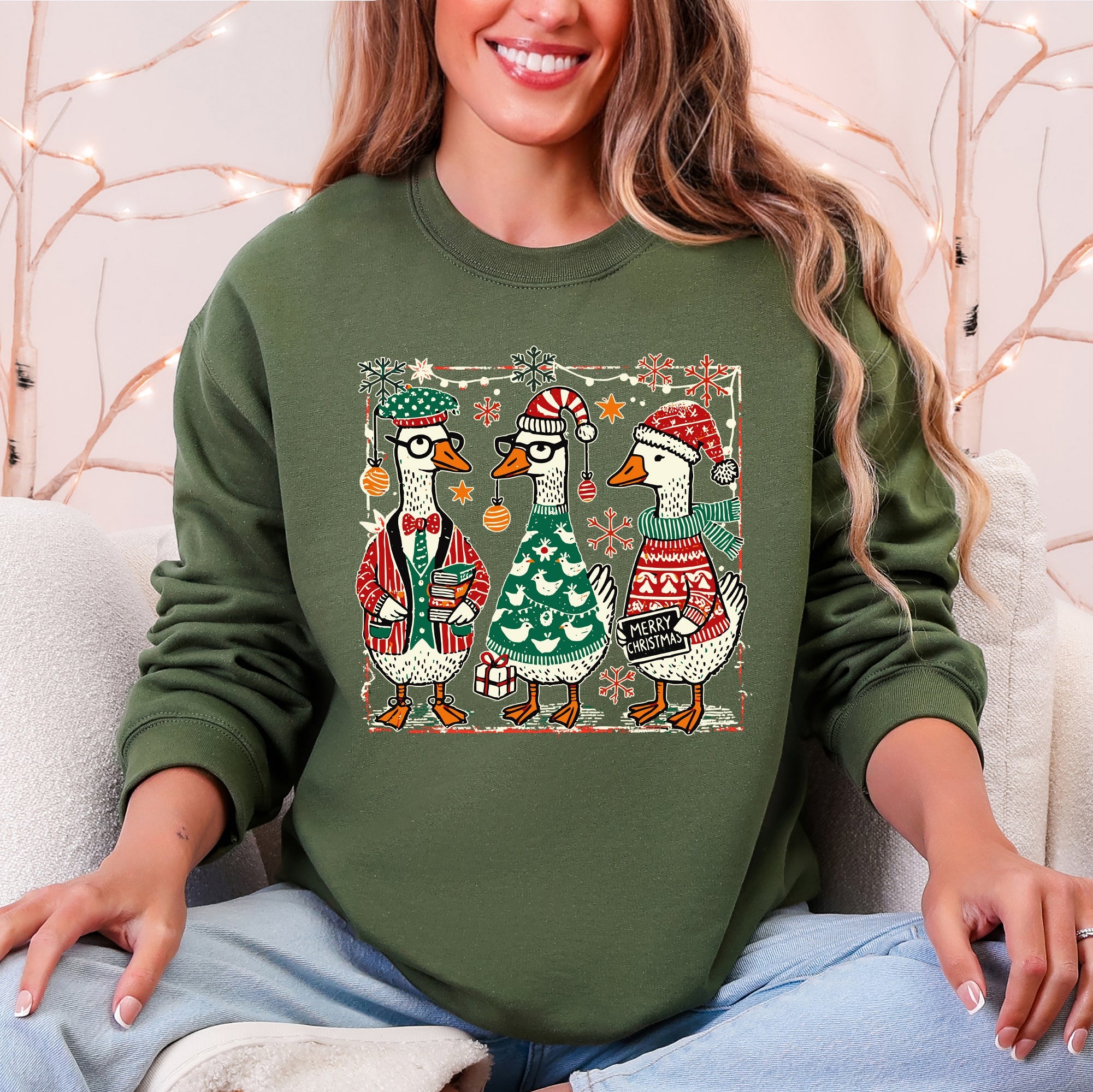 Christmas Geese Festive Holiday Illustration Vintage Retro Cozy Winter Scene Sweatshirt