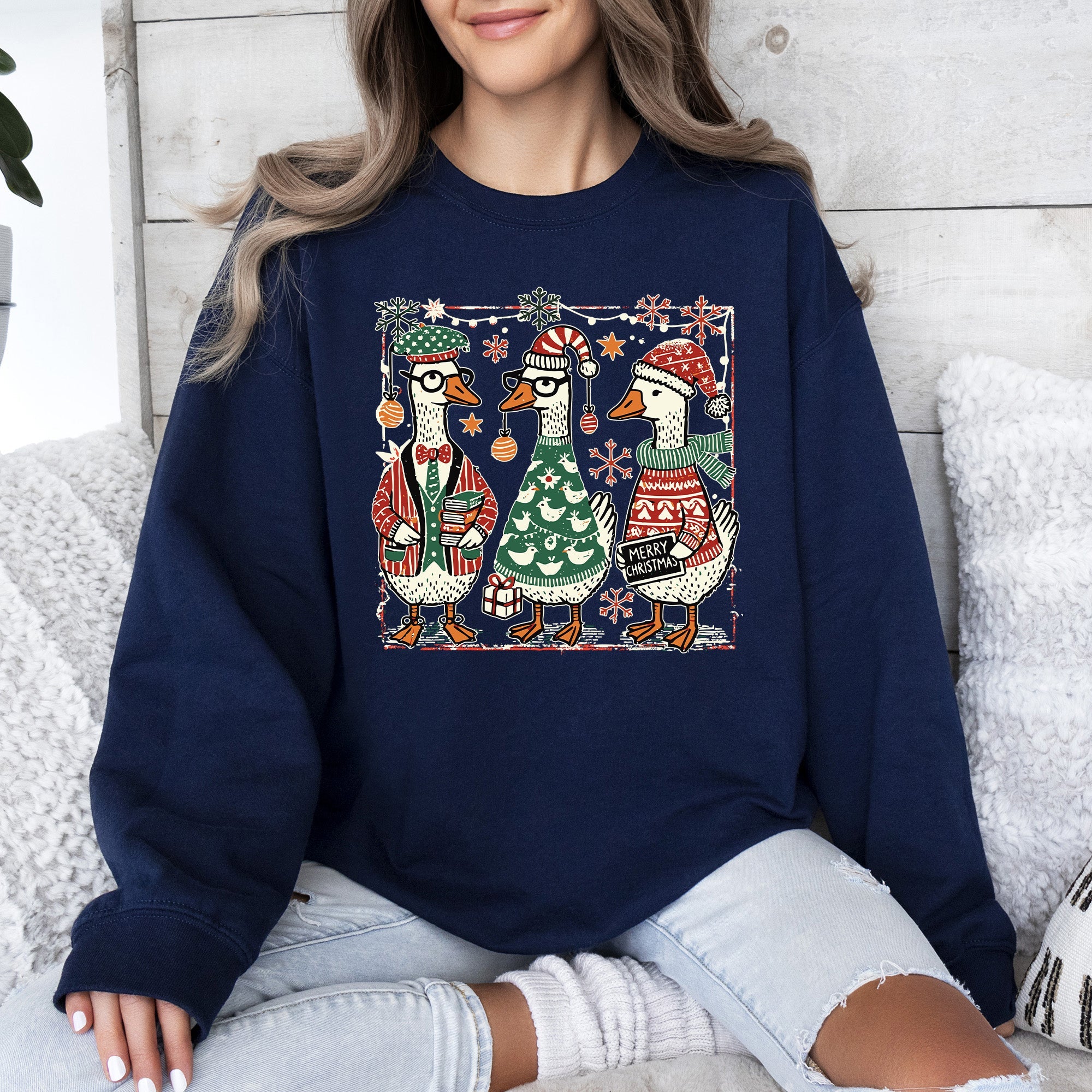Christmas Geese Festive Holiday Illustration Vintage Retro Cozy Winter Scene Sweatshirt