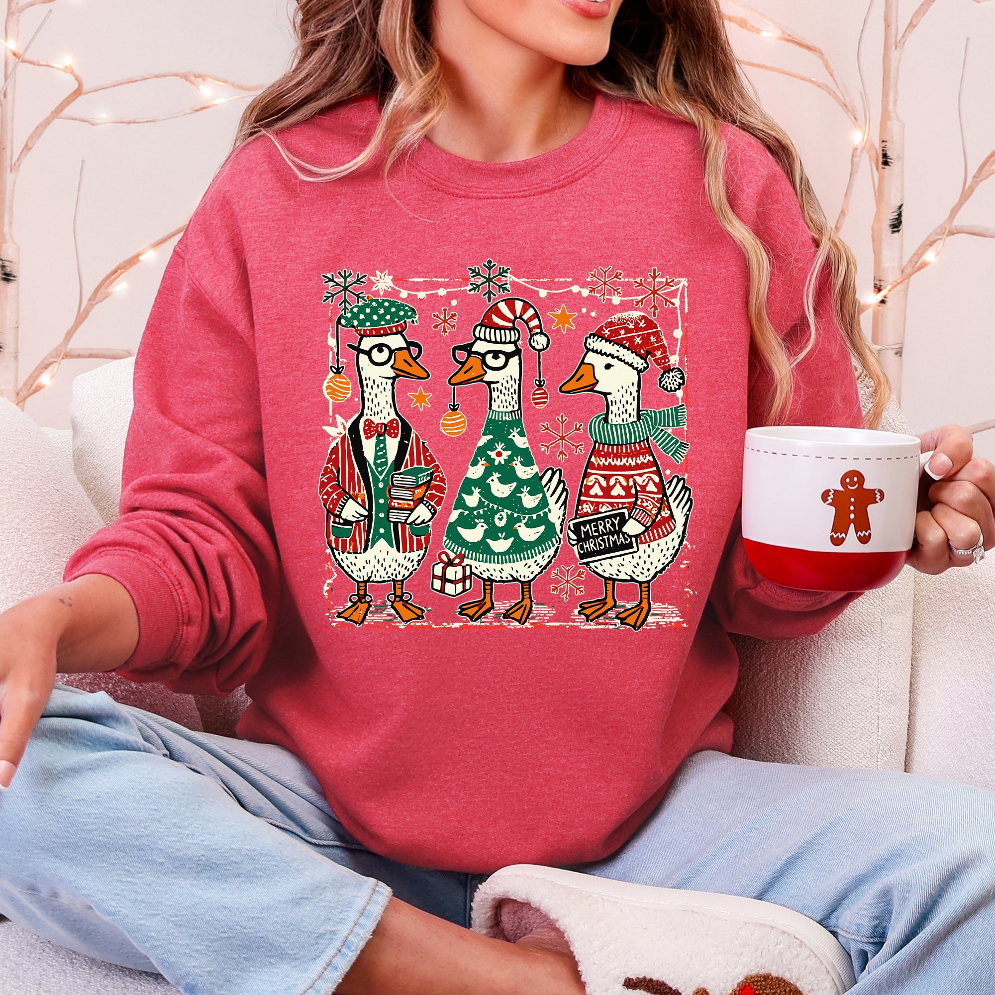 Christmas Geese Festive Holiday Illustration Vintage Retro Cozy Winter Scene Sweatshirt