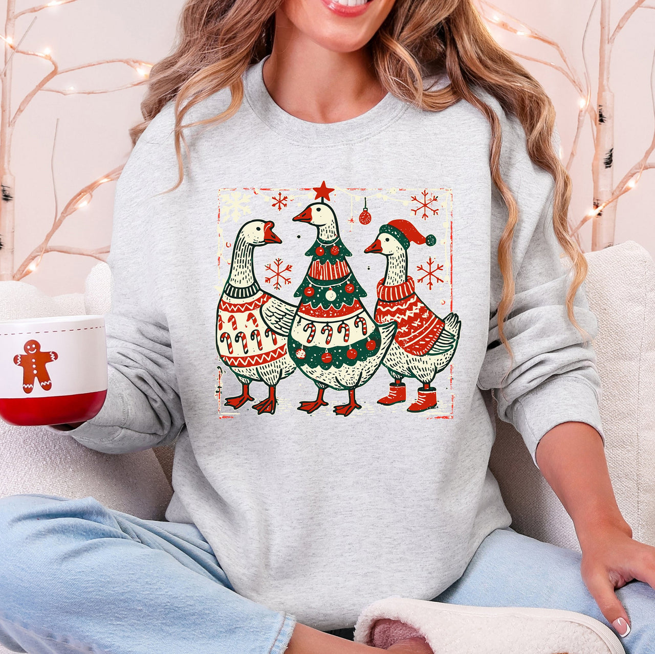 Christmas Geese Retro Festive Holiday Cheer Geese Pattern With Rustic Nordic Elements Sweatshirt