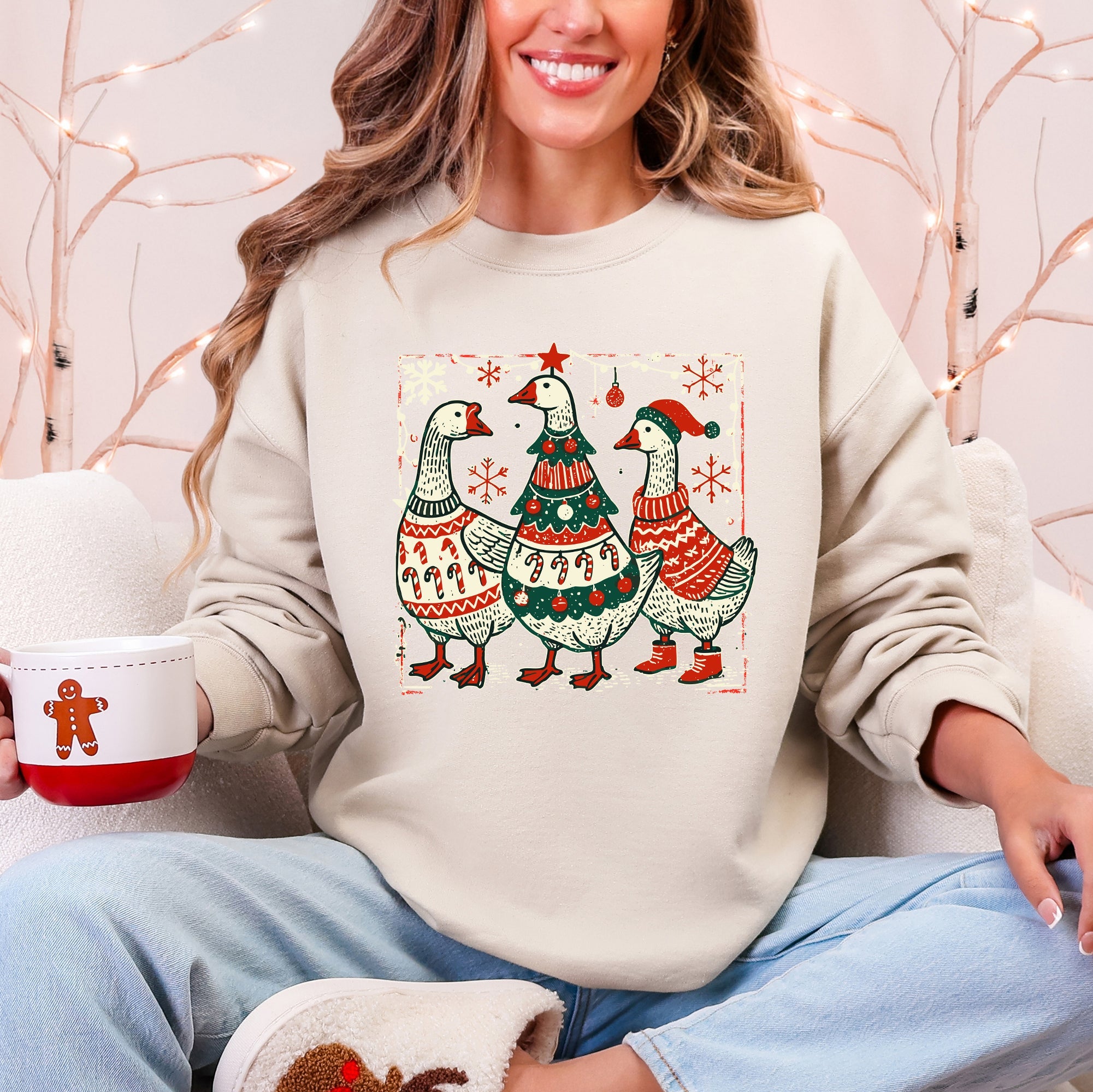 Christmas Geese Retro Festive Holiday Cheer Geese Pattern With Rustic Nordic Elements Sweatshirt
