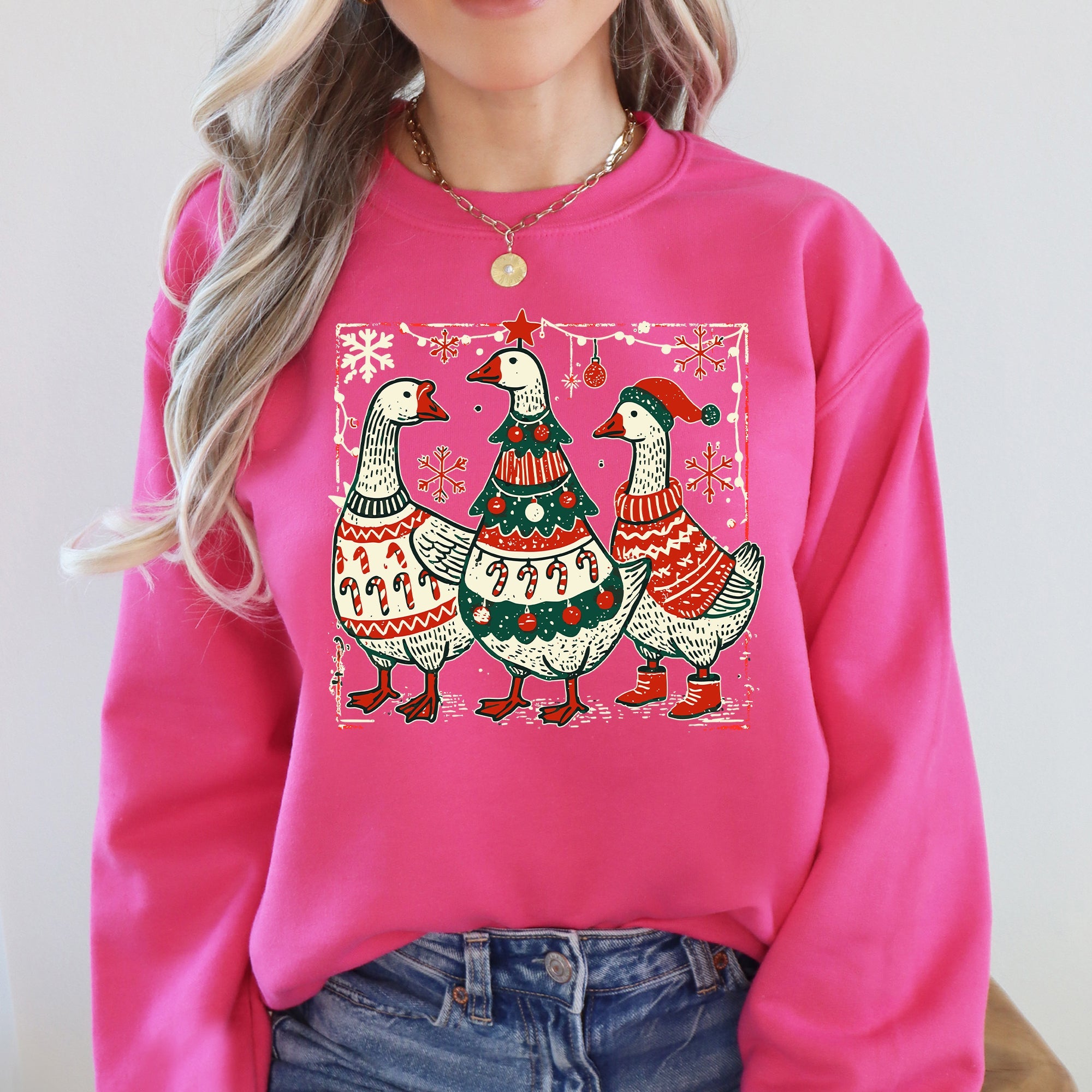 Christmas Geese Retro Festive Holiday Cheer Geese Pattern With Rustic Nordic Elements Sweatshirt