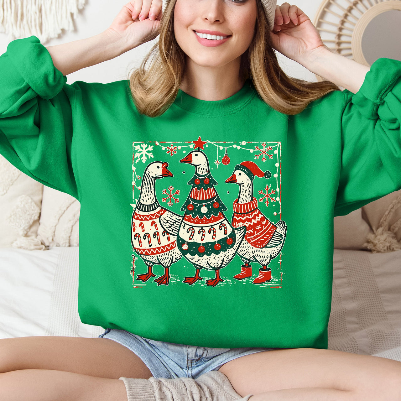 Christmas Geese Retro Festive Holiday Cheer Geese Pattern With Rustic Nordic Elements Sweatshirt
