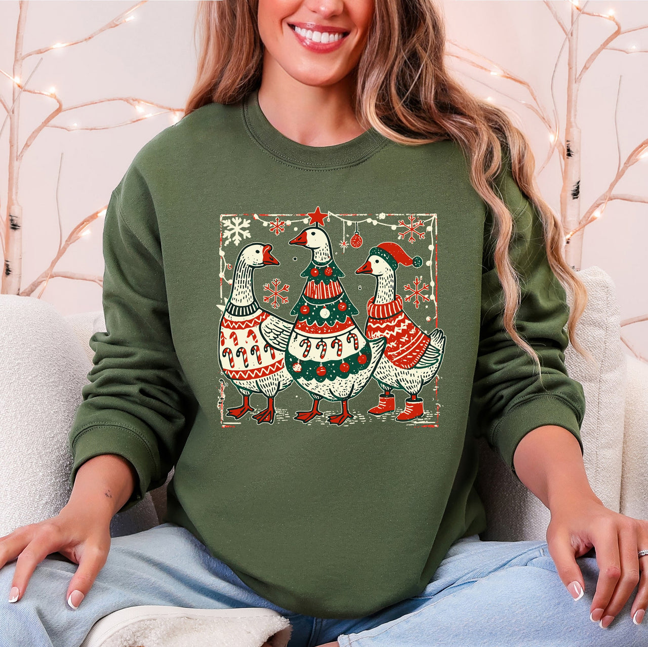 Christmas Geese Retro Festive Holiday Cheer Geese Pattern With Rustic Nordic Elements Sweatshirt