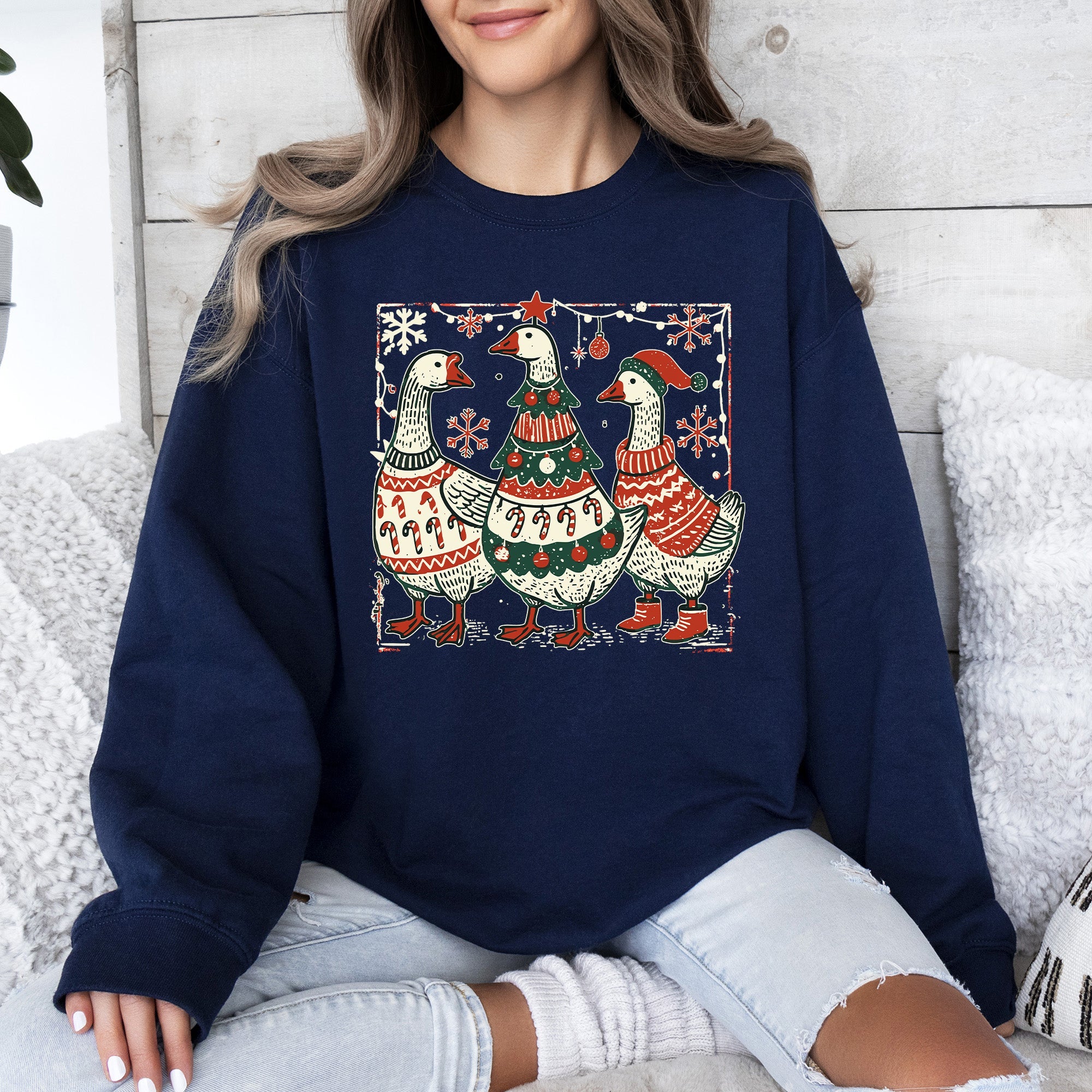 Christmas Geese Retro Festive Holiday Cheer Geese Pattern With Rustic Nordic Elements Sweatshirt