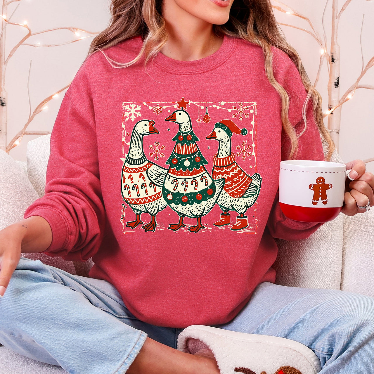 Christmas Geese Retro Festive Holiday Cheer Geese Pattern With Rustic Nordic Elements Sweatshirt
